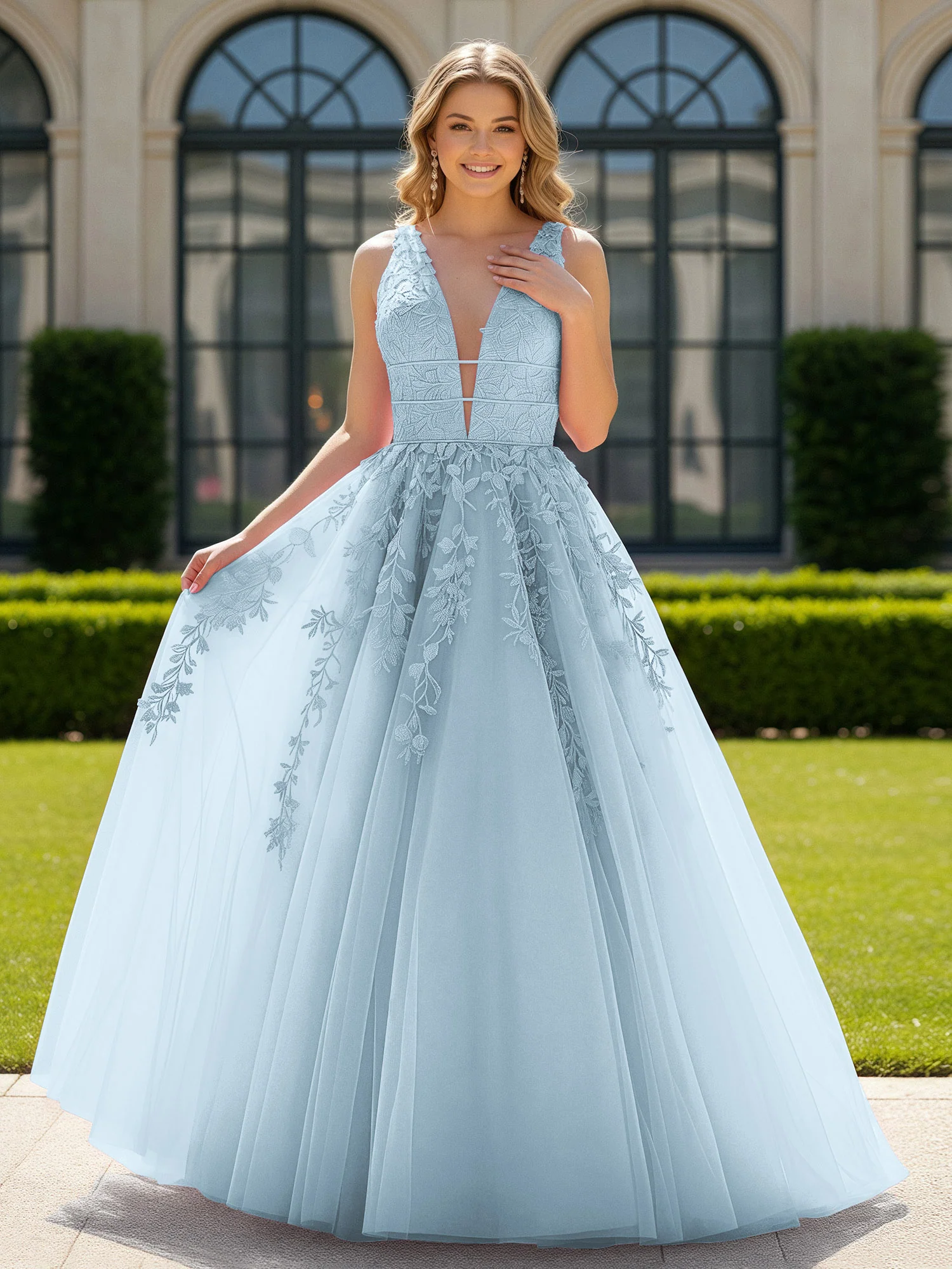 Appliqued Tulle Open Back Plunging V-Neck Prom Dress Sky Blue