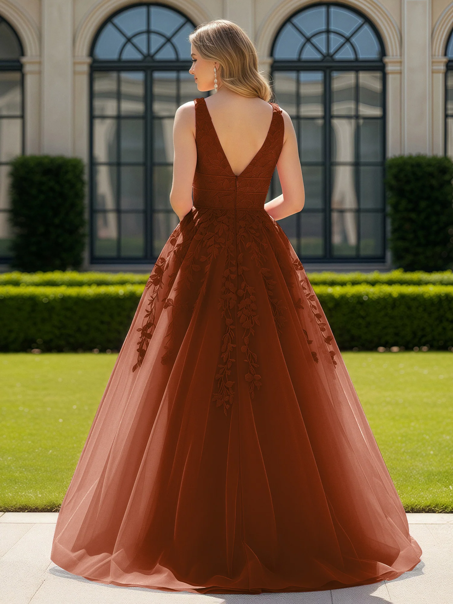 Appliqued Tulle Open Back Plunging V-Neck Prom Dress Terracotta - Image 2