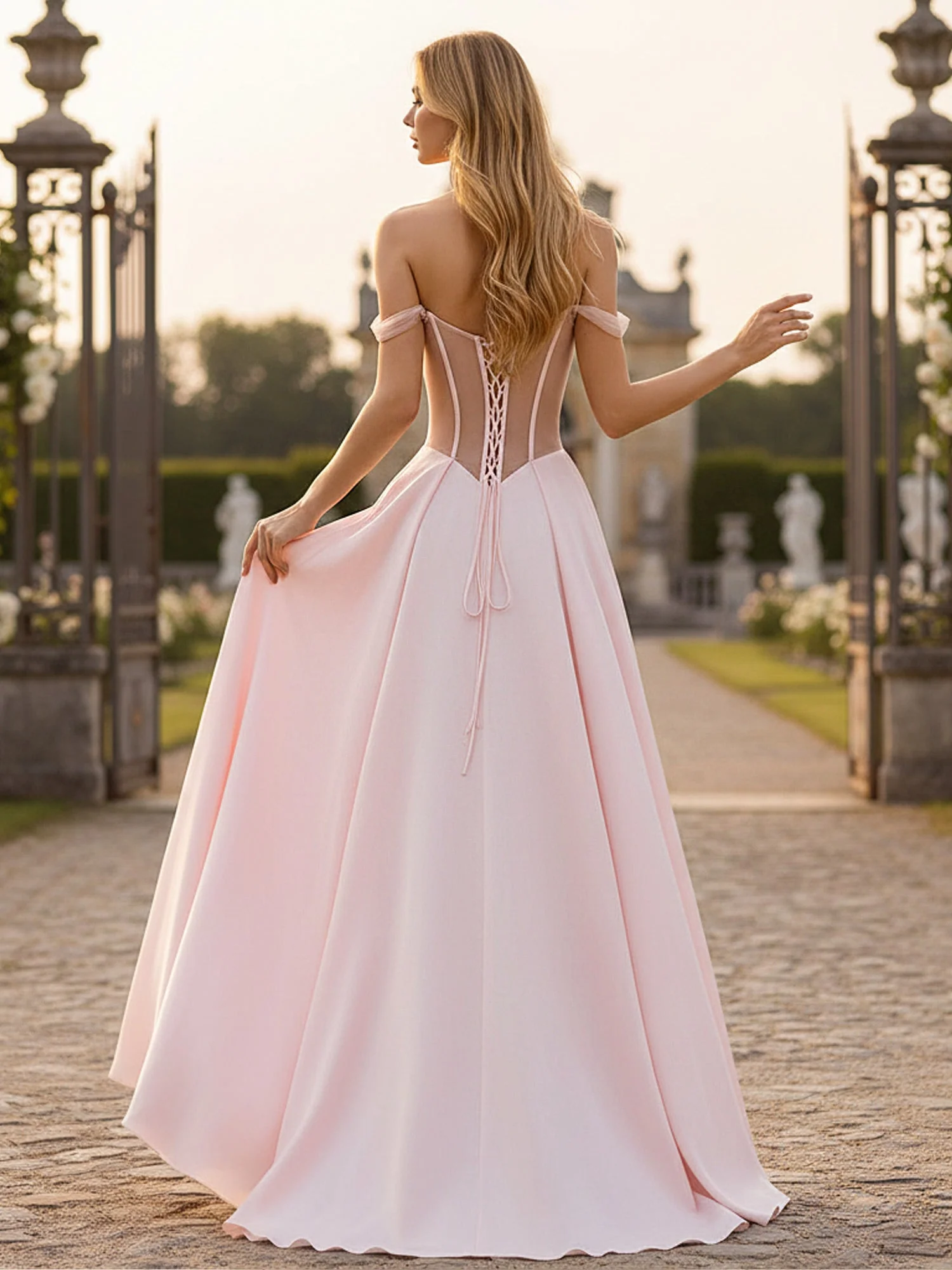 Sheer Panel Sweetheart Neckline Satin Ballgown Terracotta - Image 2