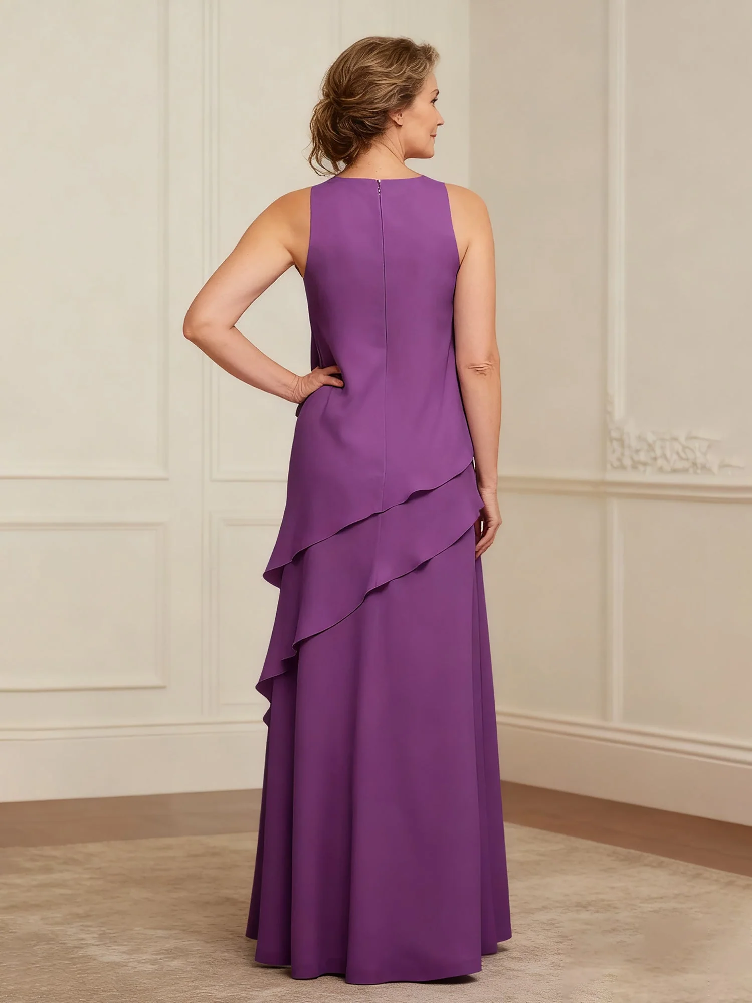 Scoop Neck Ruffles A-Line Floor-length Chiffon Dress Chocolate - Image 2