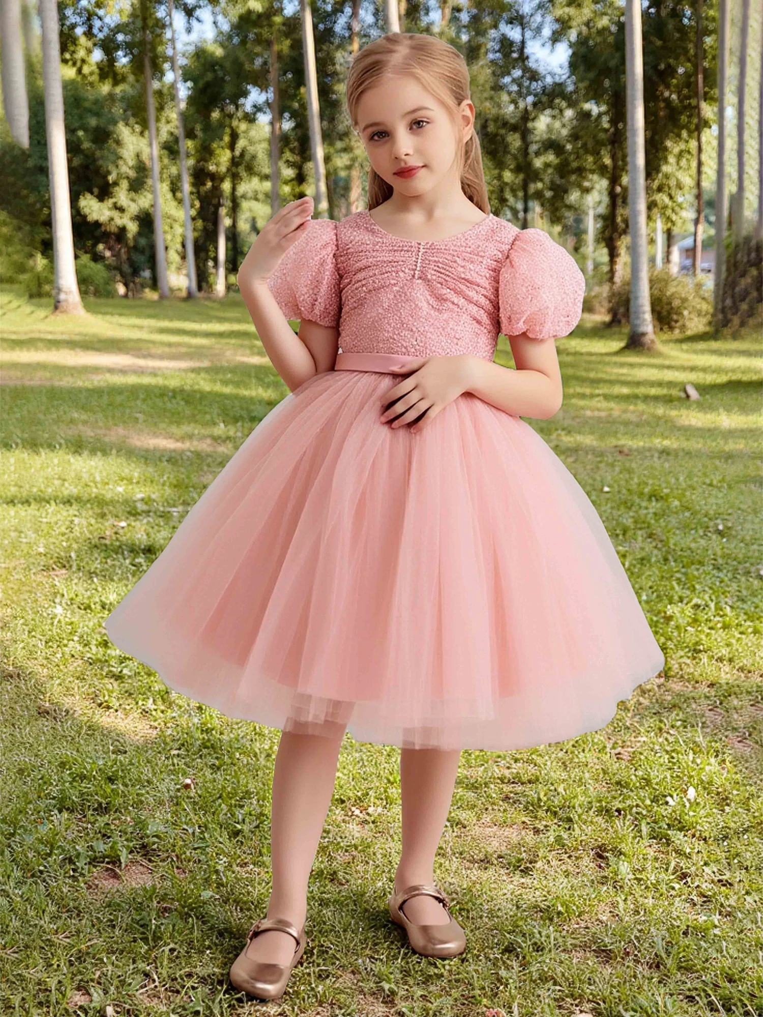 Puff Sleeve Ruched Sequin Bodice Tulle Flower Girl Dress Coral