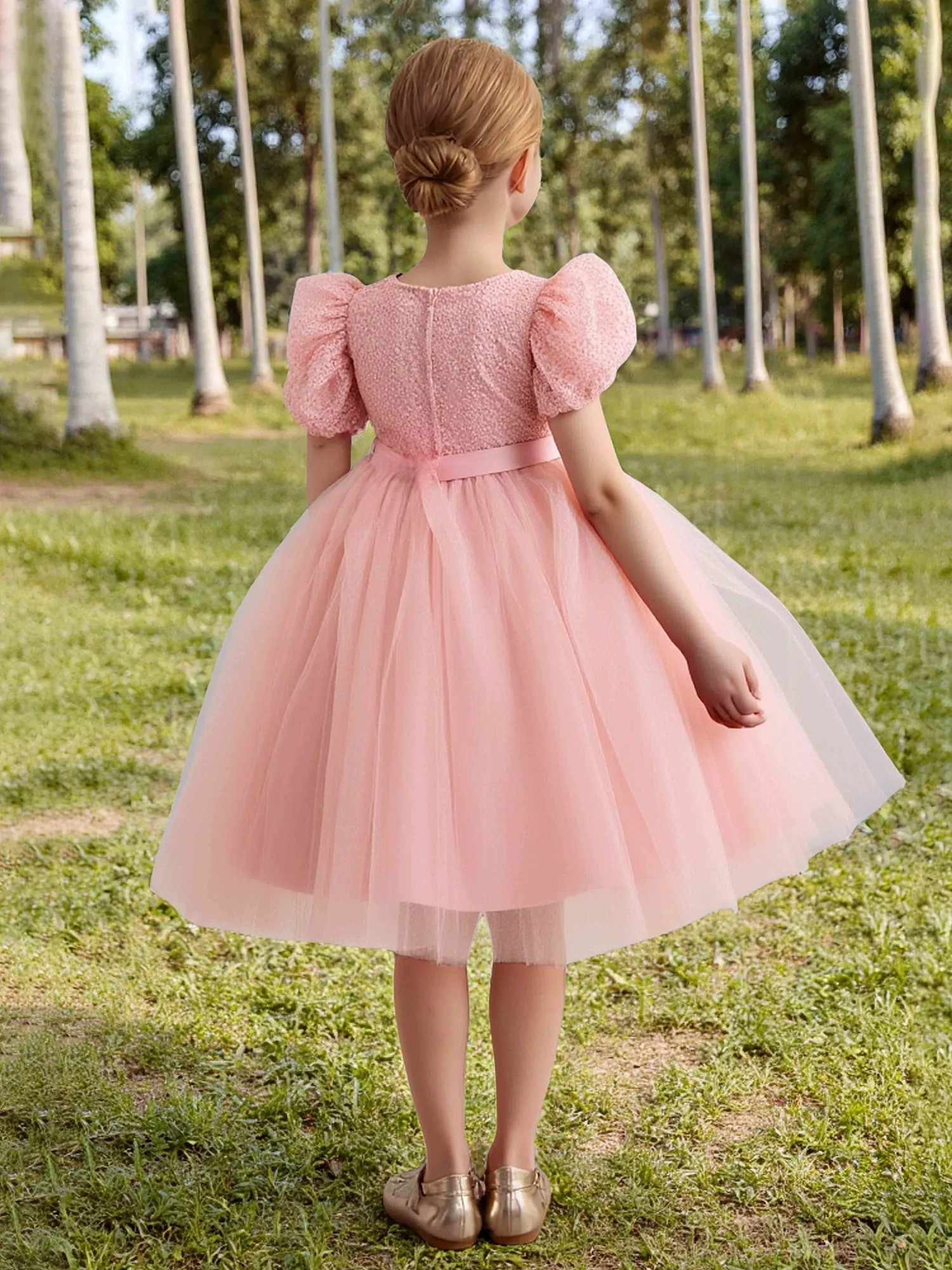 Puff Sleeve Ruched Sequin Bodice Tulle Flower Girl Dress Coral - Image 2