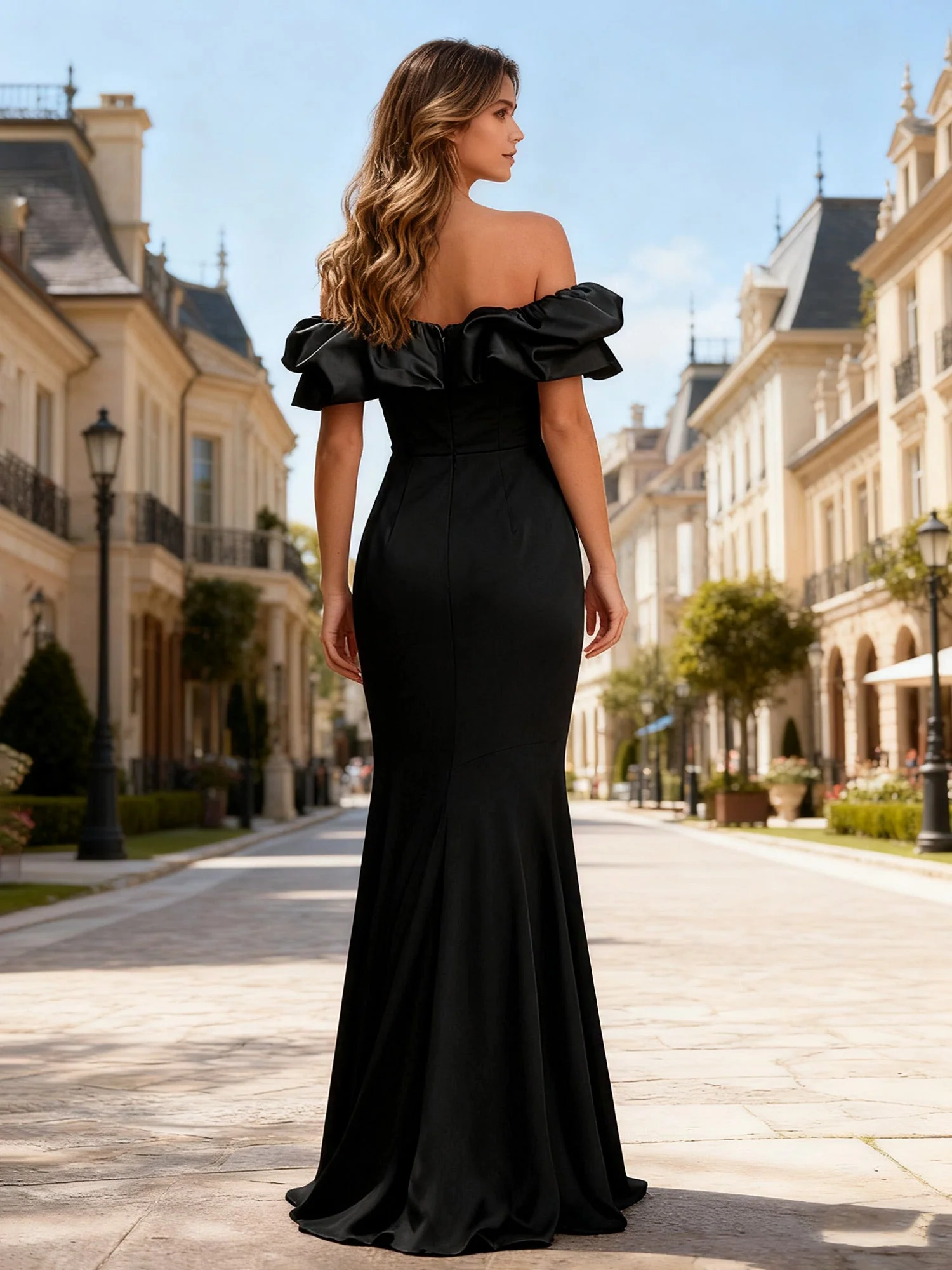 Off-Shoulder Ruffle Trim Satin Slit Mermaid Gown Gold - Image 2