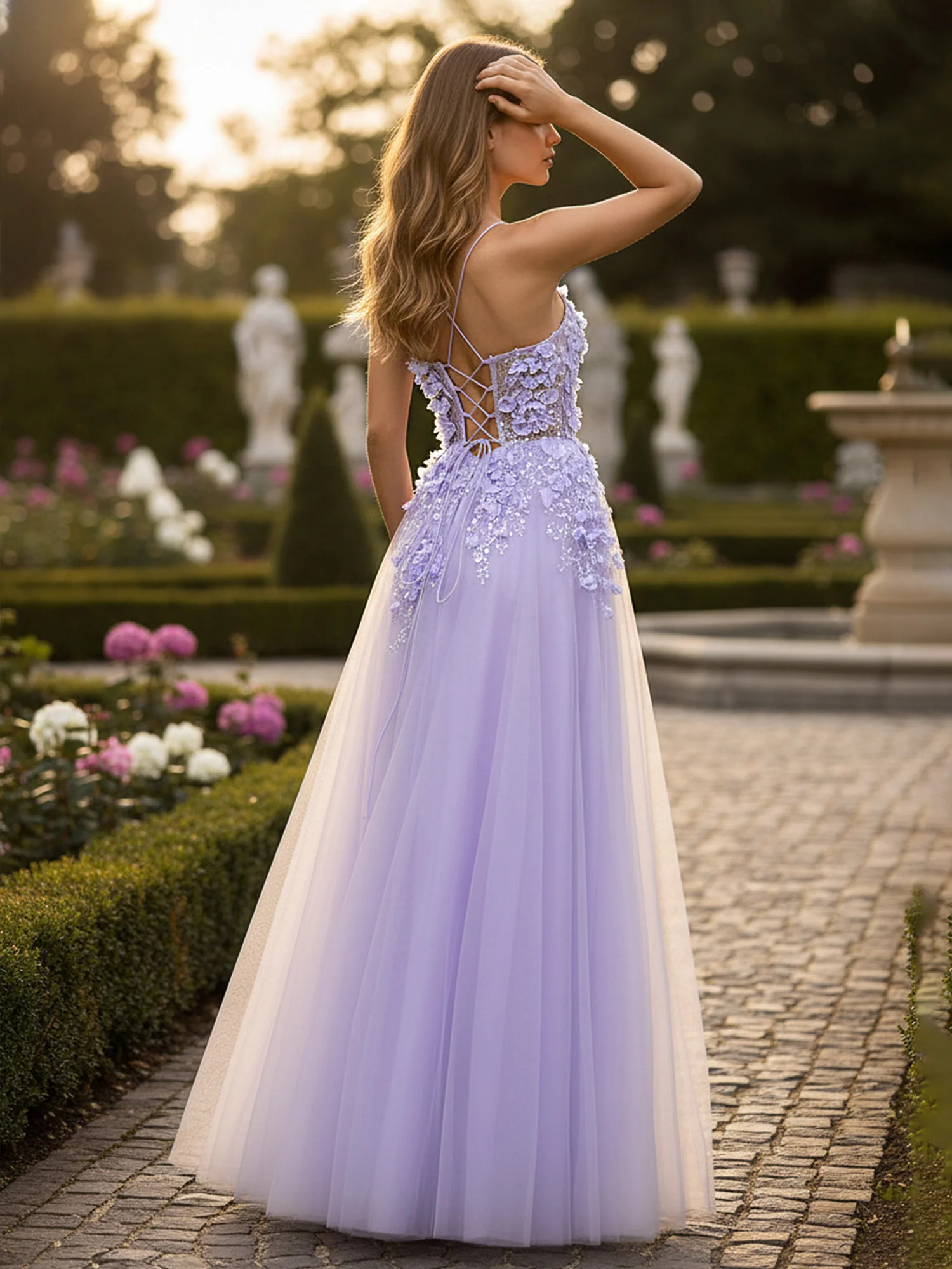 Dimensional Floral Applique Tulle Gown with Corset Back Lilac - Image 2