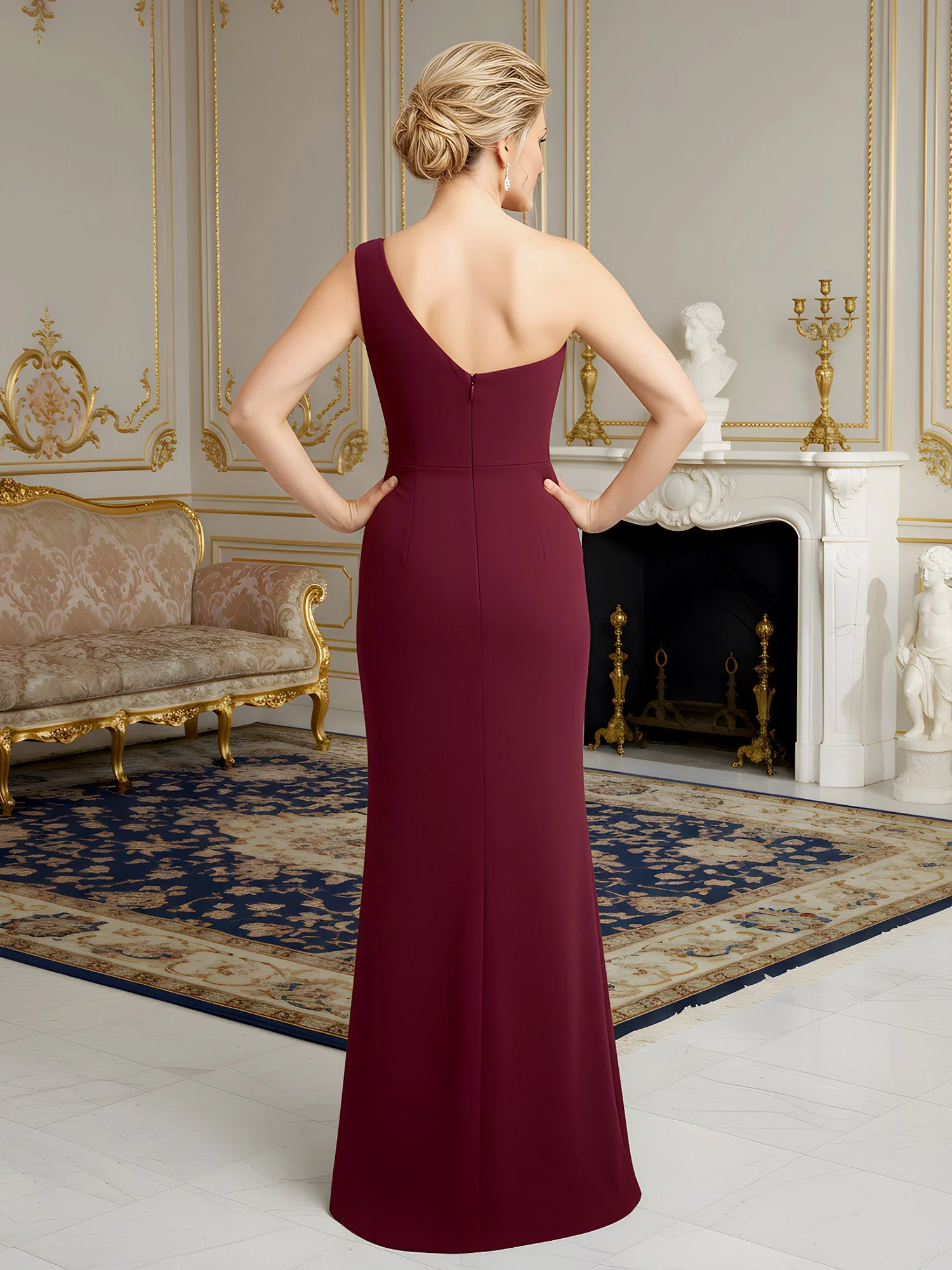 One-Shoulder Column Gown with Ruched Draped Bodice Steel Grey - Image 2