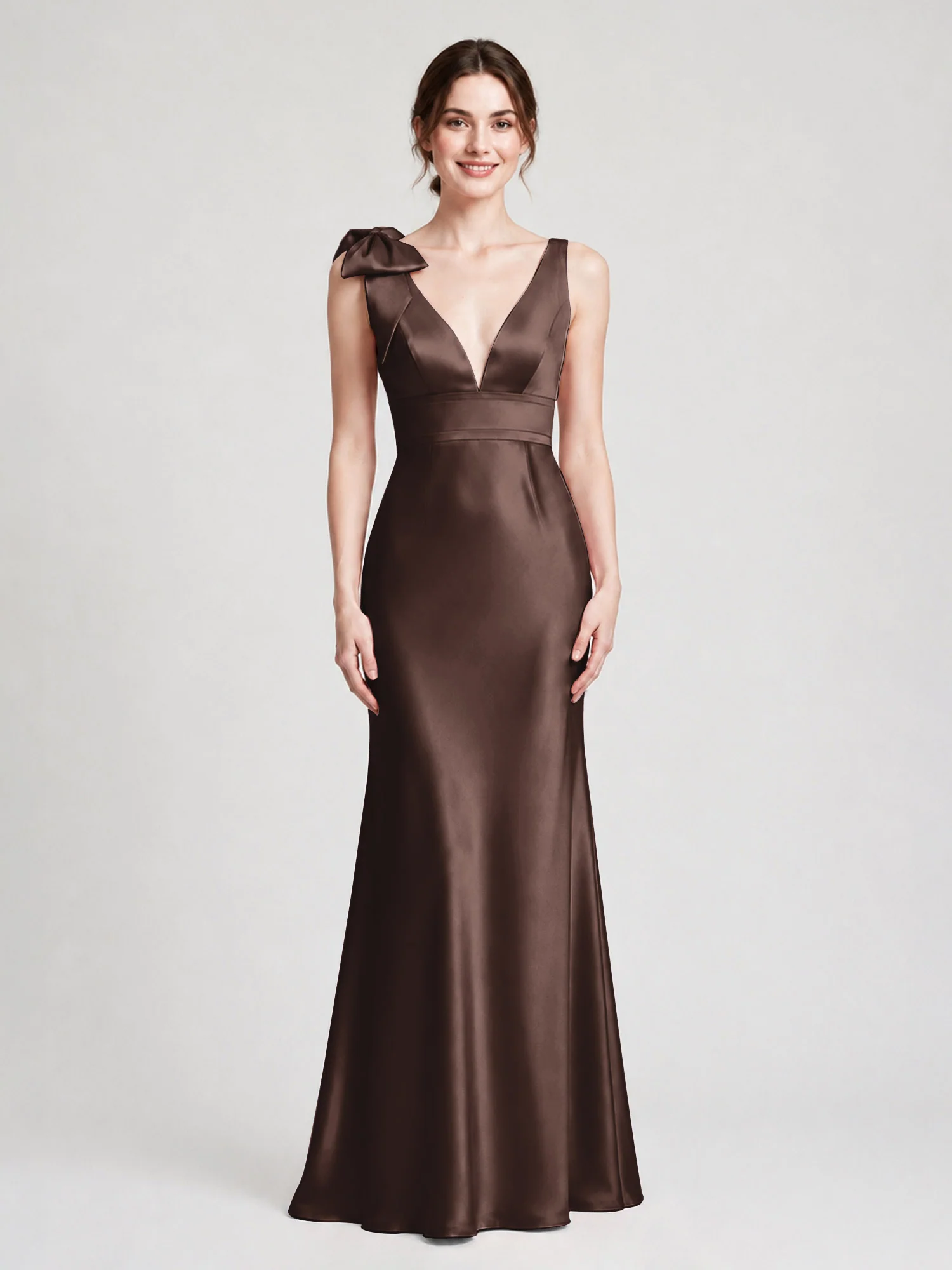 V-Neck Satin Column Gown with Fixed Shoulder Bow Chocolate