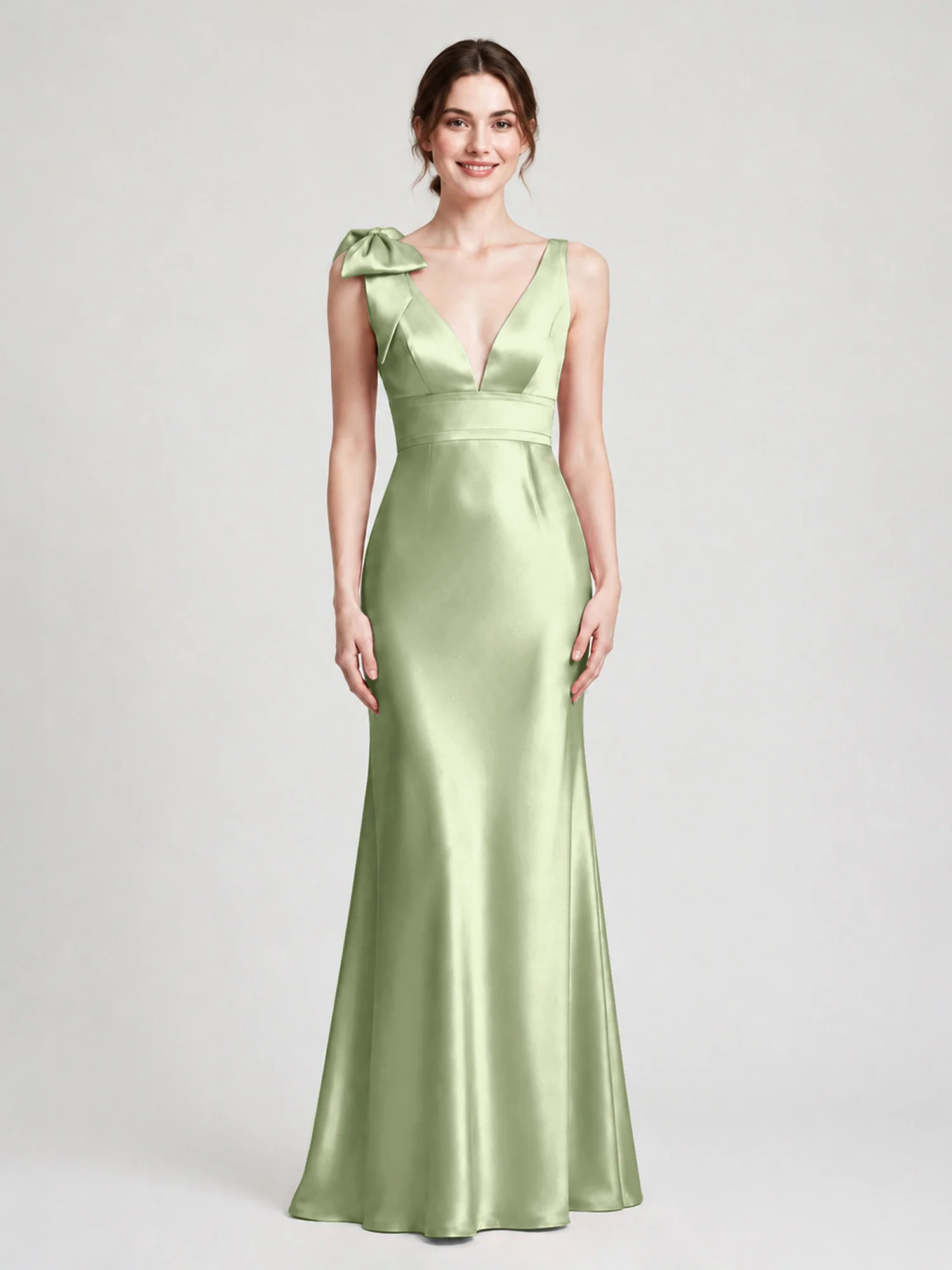 V-Neck Satin Column Gown with Fixed Shoulder Bow Dusty Sage