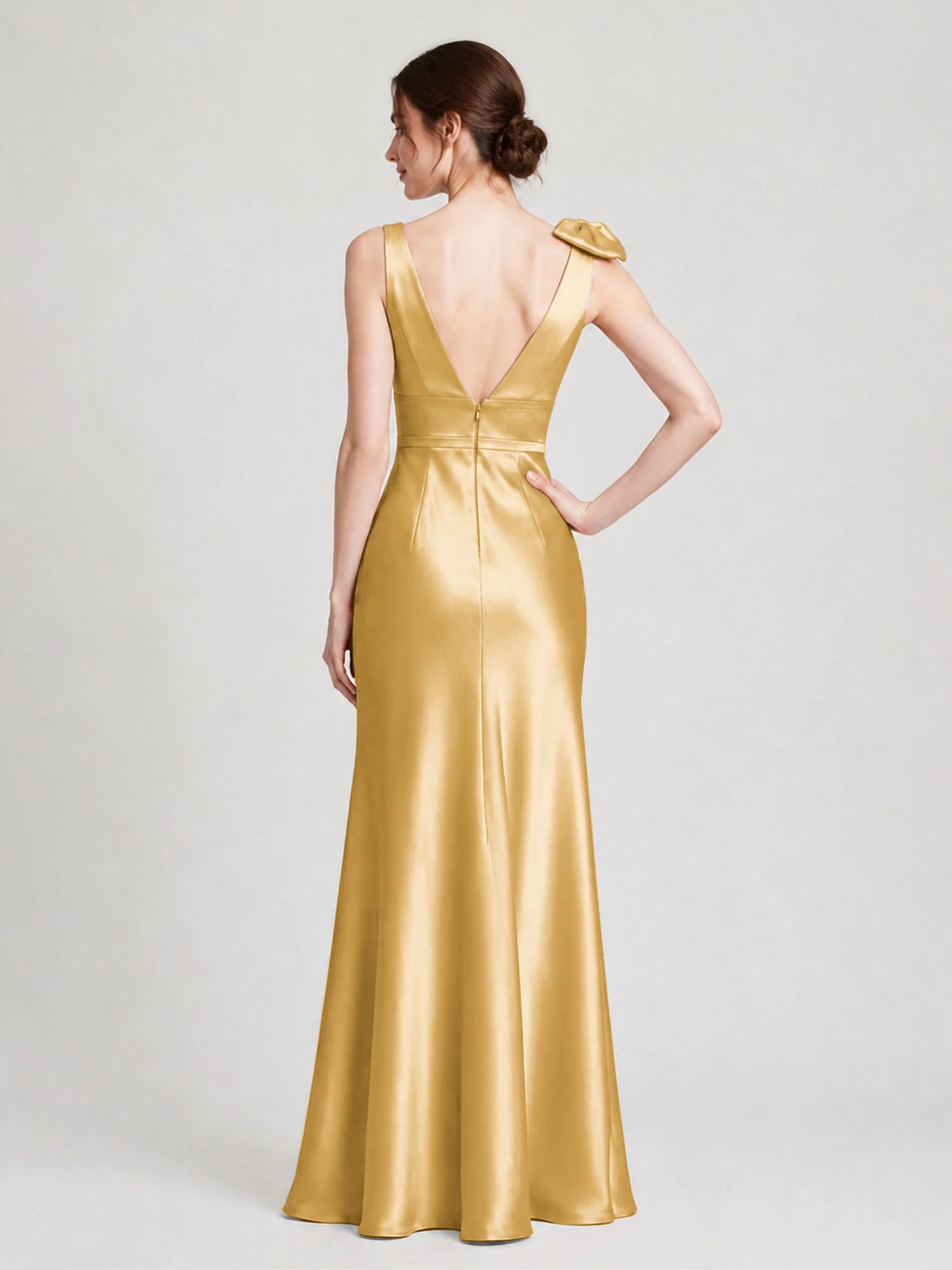 V-Neck Satin Column Gown with Fixed Shoulder Bow Gold - Image 2