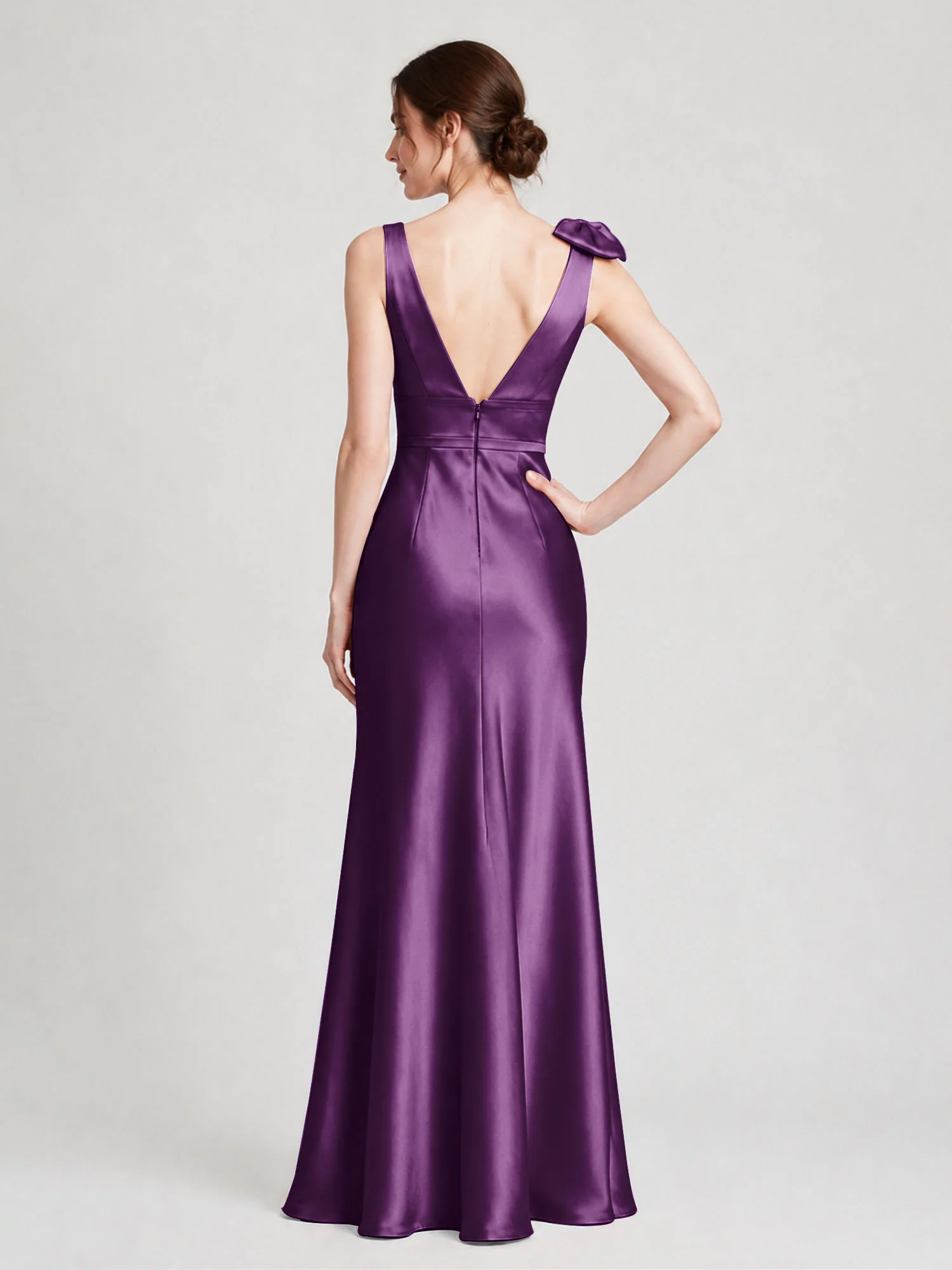 V-Neck Satin Column Gown with Fixed Shoulder Bow Grape - Image 2
