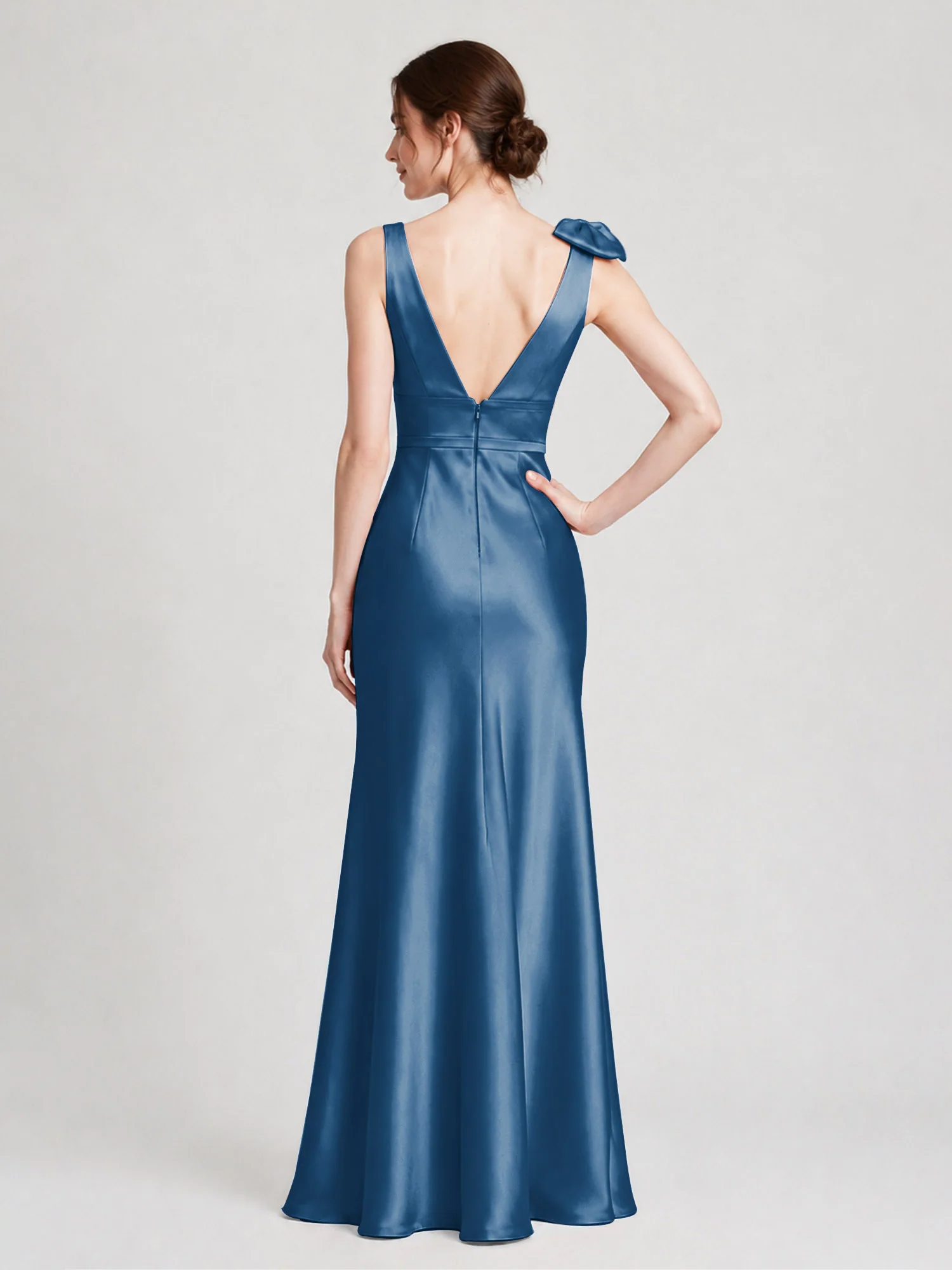 V-Neck Satin Column Gown with Fixed Shoulder Bow Ink Blue - Image 2