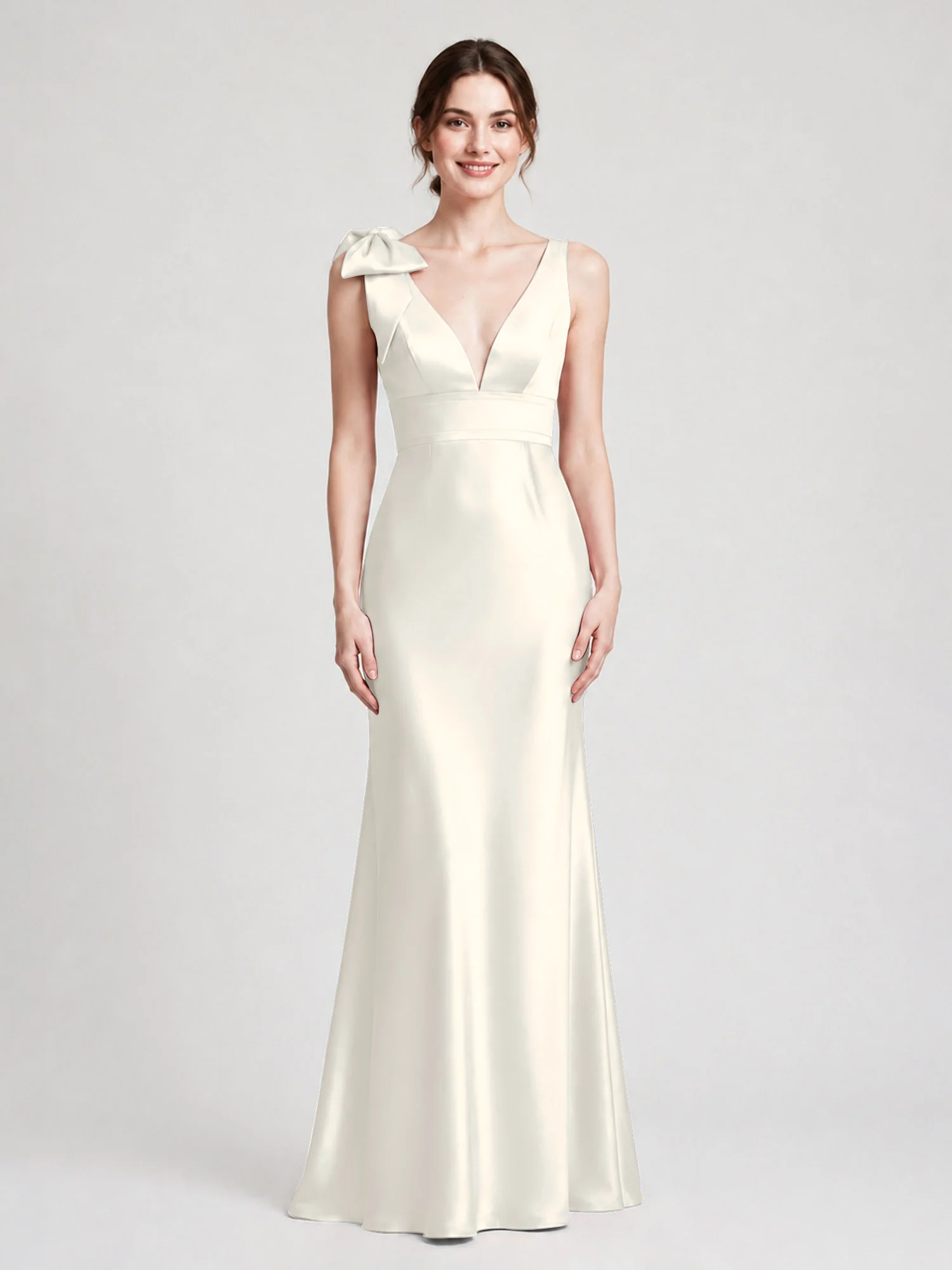 V-Neck Satin Column Gown with Fixed Shoulder Bow Ivory