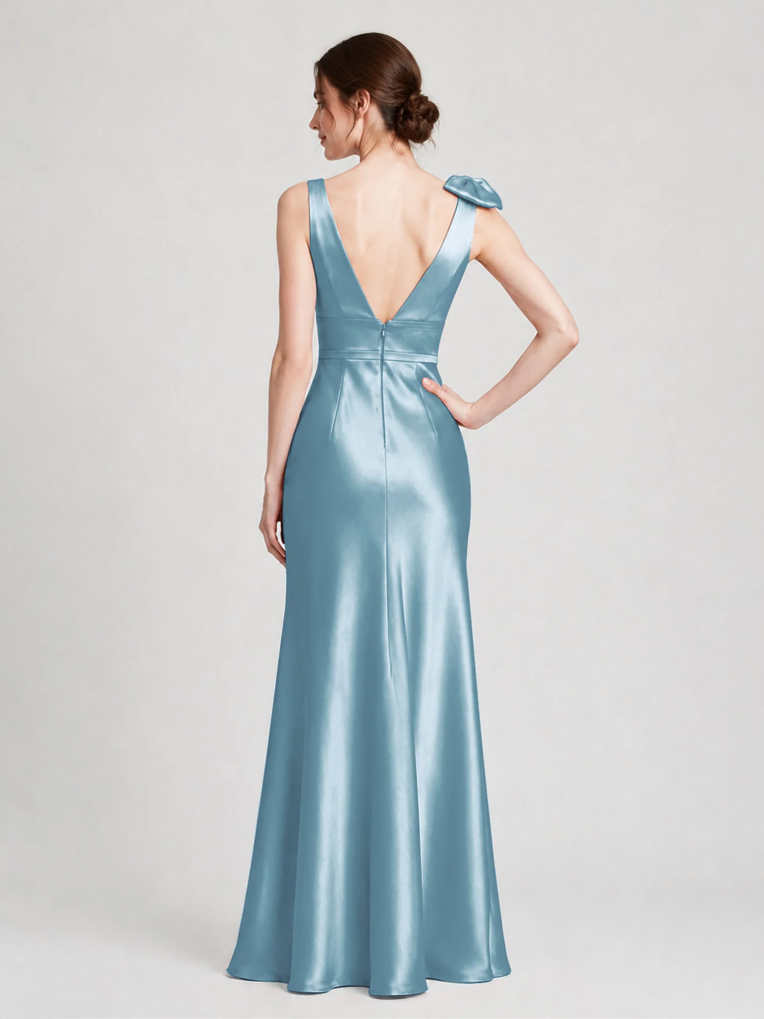V-Neck Satin Column Gown with Fixed Shoulder Bow Slate Blue - Image 2