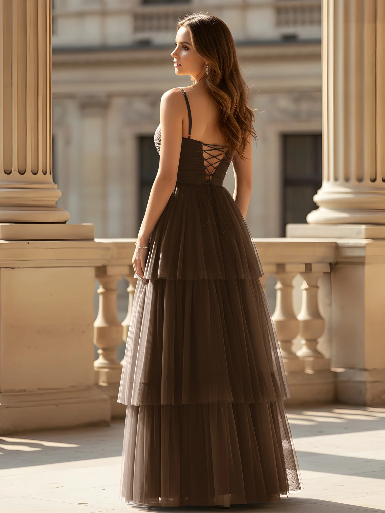 Ruched Bodice Tiered Tulle Gown with High Slit Brown - Image 2