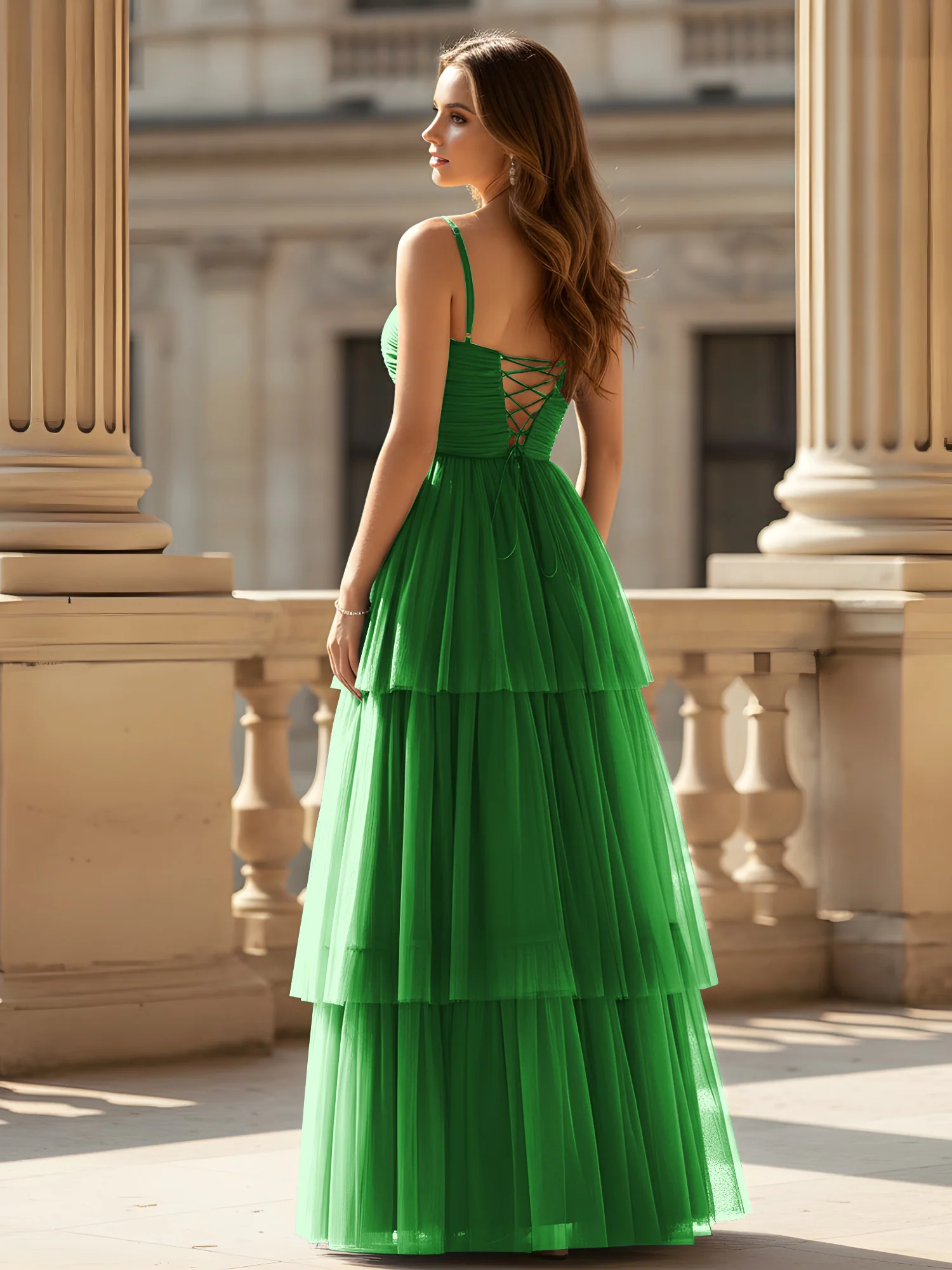Ruched Bodice Tiered Tulle Gown with High Slit Green - Image 2