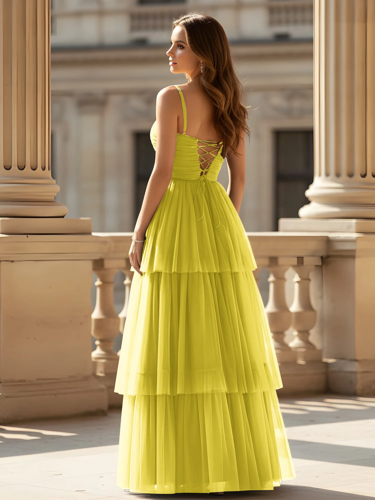 Ruched Bodice Tiered Tulle Gown with High Slit Lemon - Image 2