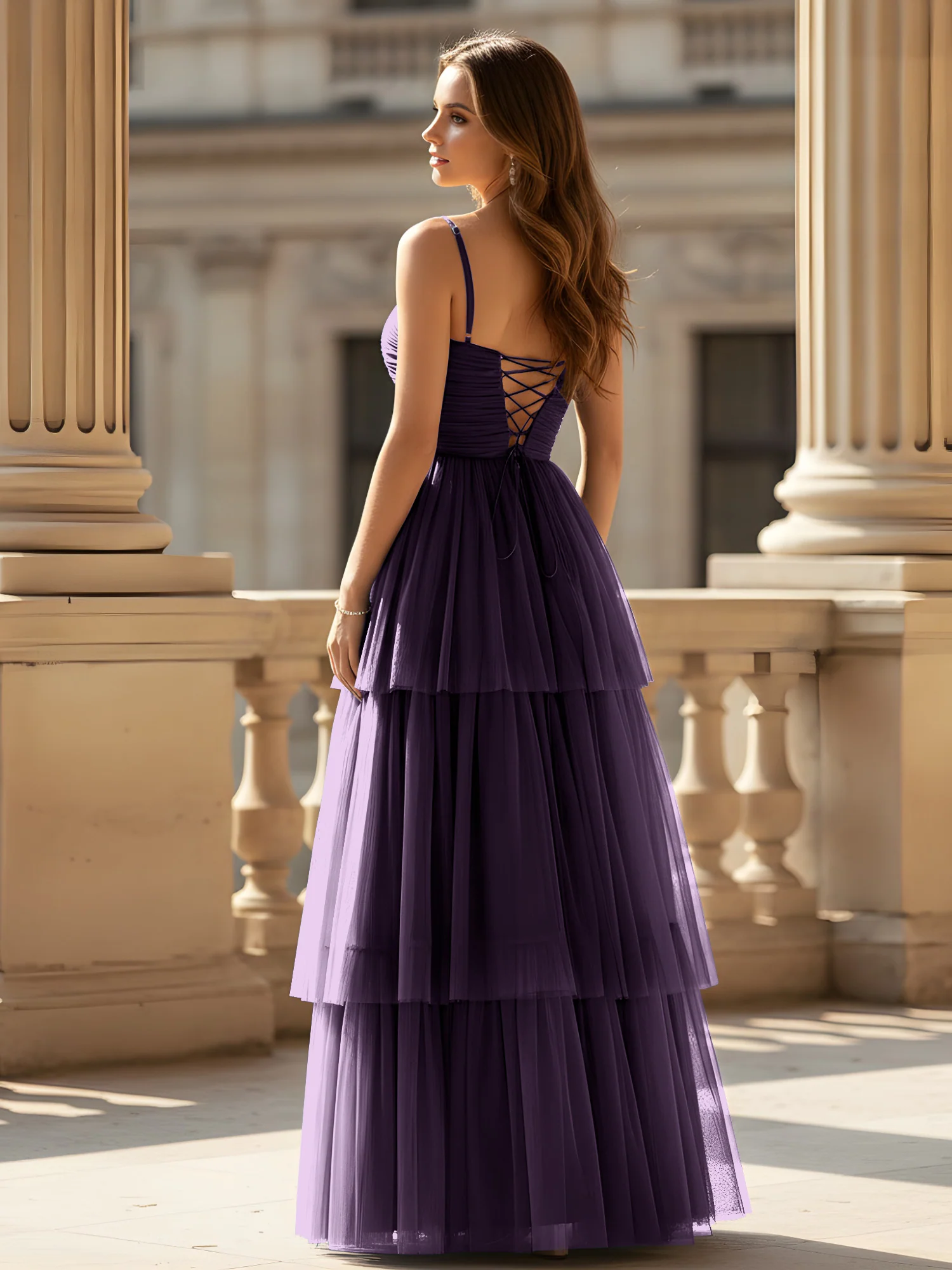 Ruched Bodice Tiered Tulle Gown with High Slit Plum - Image 2