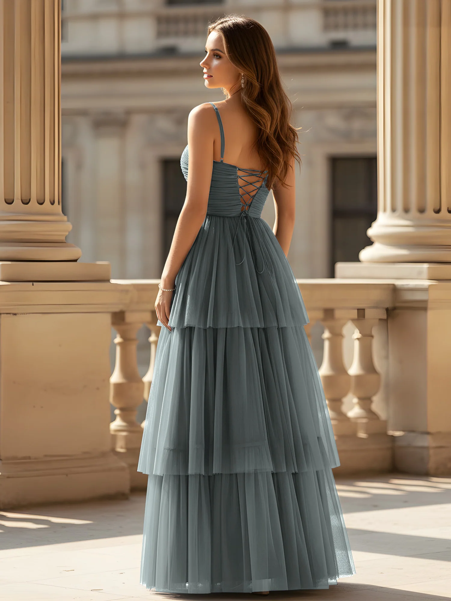 Ruched Bodice Tiered Tulle Gown with High Slit Steel Grey - Image 2