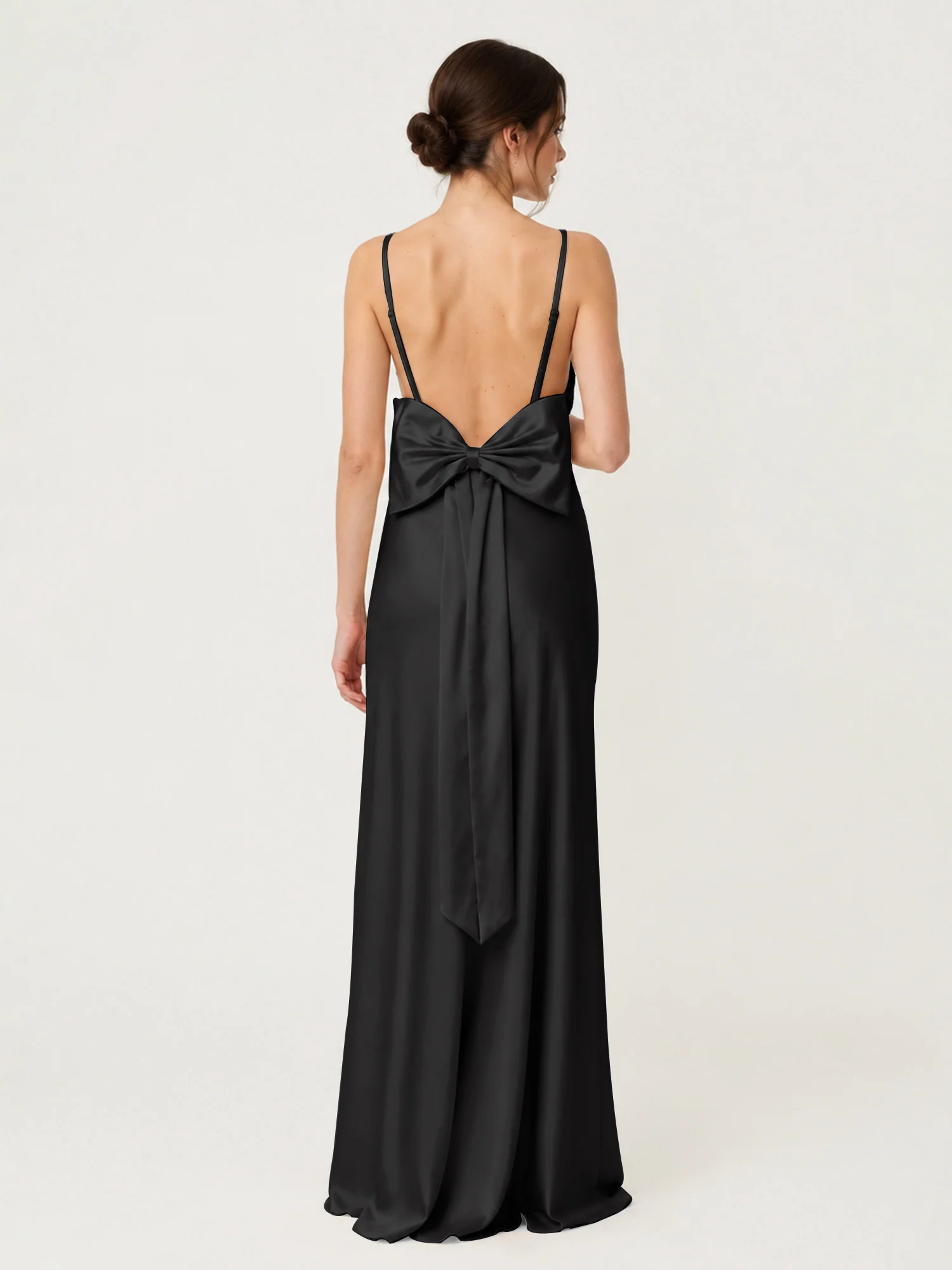 Spaghetti Strap Satin Maxi Dress with Back Bow Detail Black - Image 2