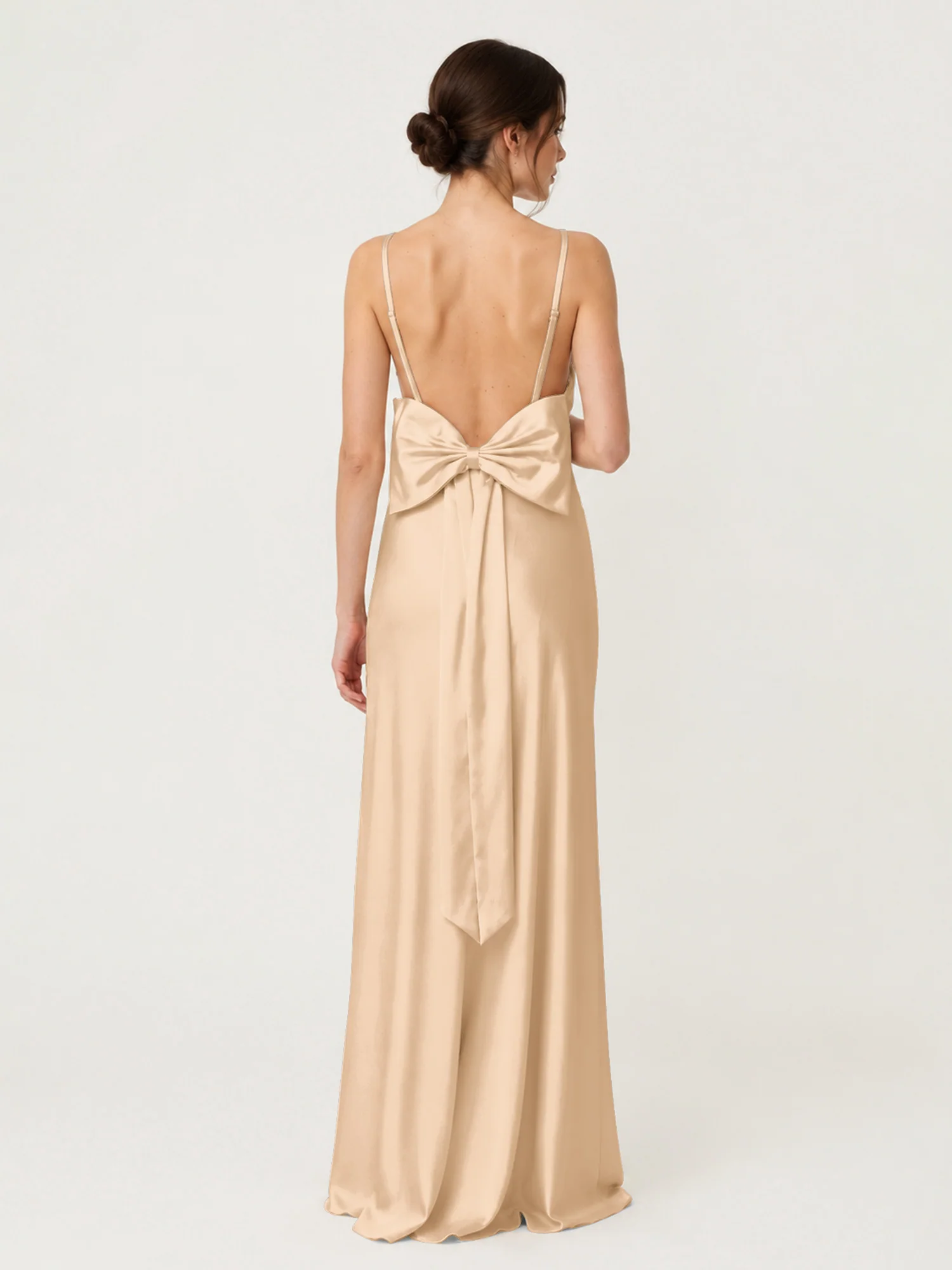 Spaghetti Strap Satin Maxi Dress with Back Bow Detail Champagne - Image 2