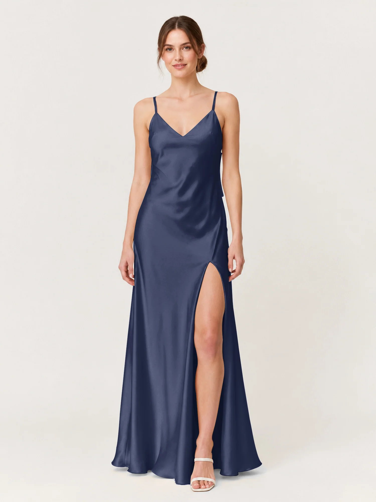 Spaghetti Strap Satin Maxi Dress with Back Bow Detail Dark Navy
