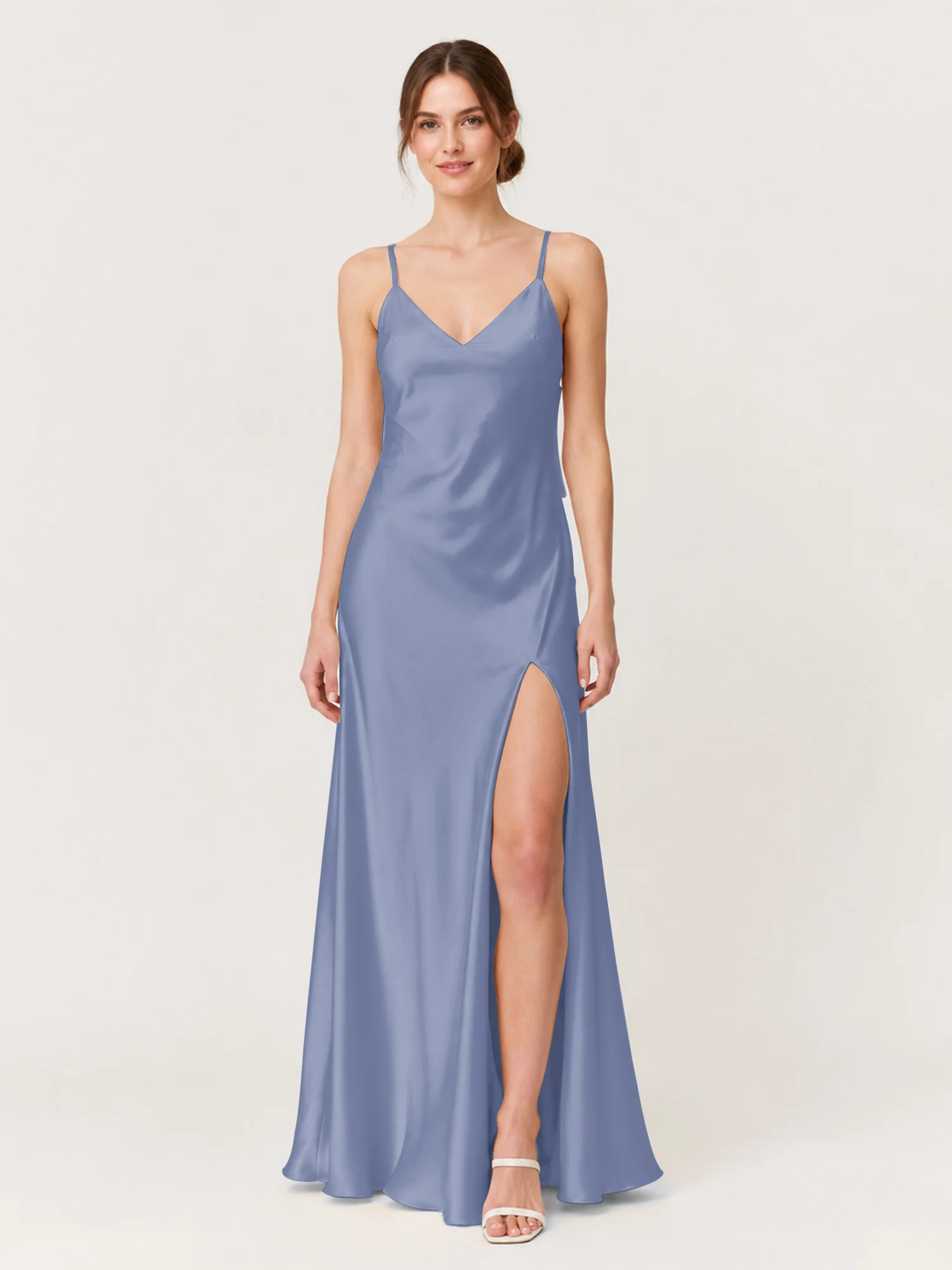 Spaghetti Strap Satin Maxi Dress with Back Bow Detail Dusty Blue