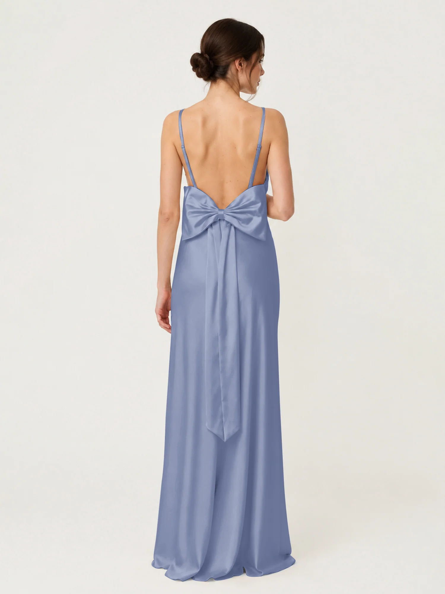 Spaghetti Strap Satin Maxi Dress with Back Bow Detail Dusty Blue - Image 2