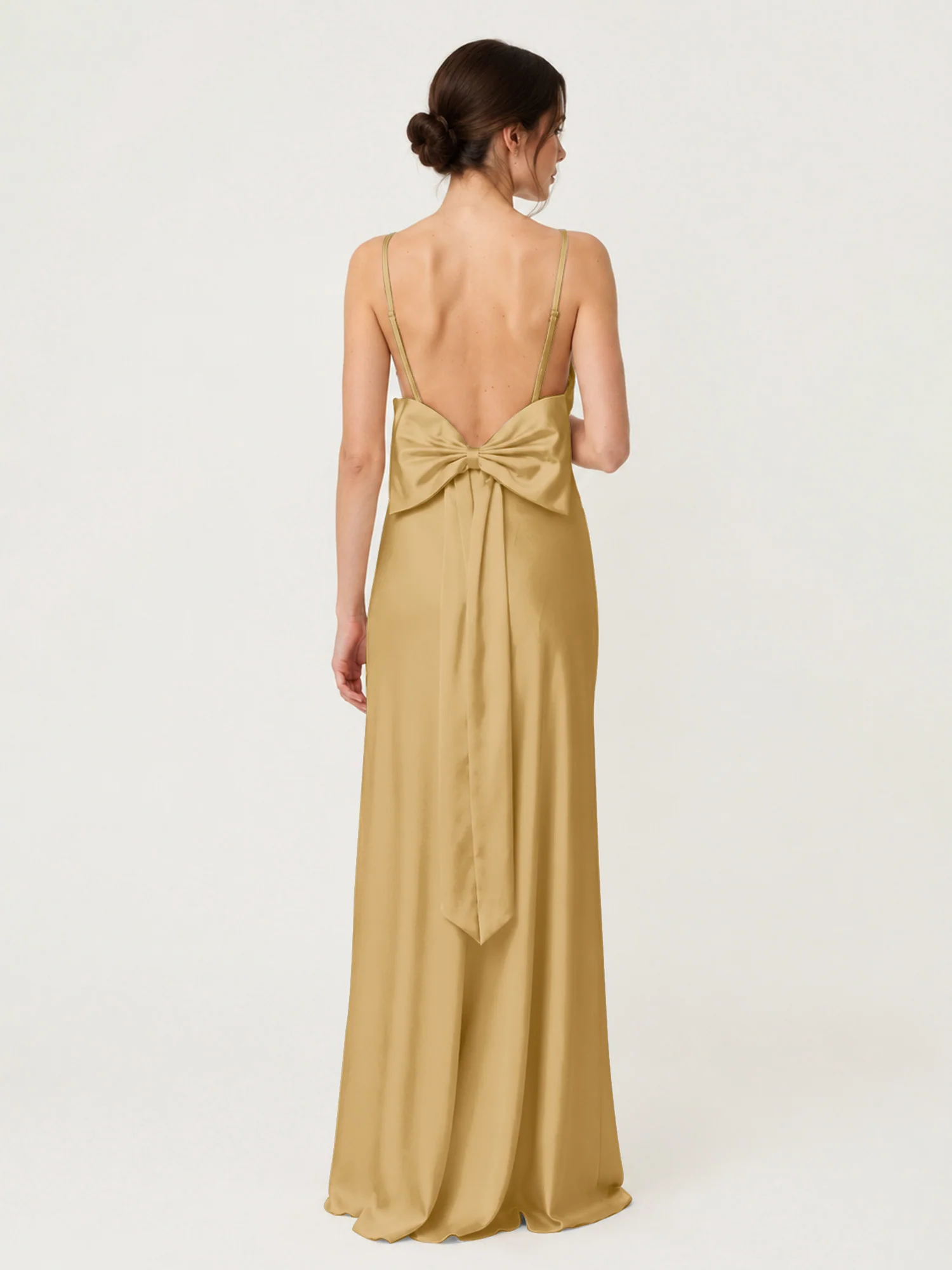 Spaghetti Strap Satin Maxi Dress with Back Bow Detail Gold - Image 2