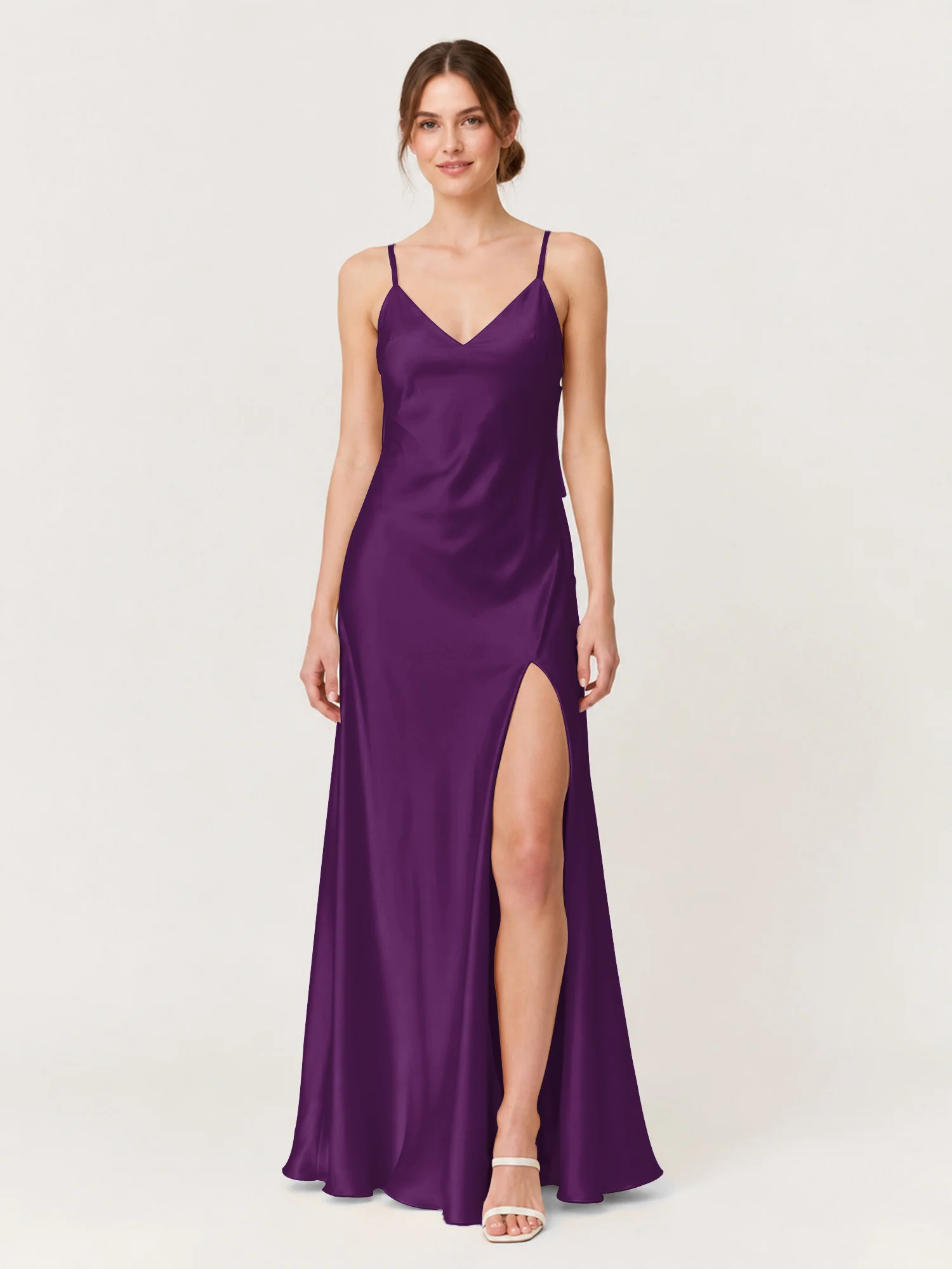 Spaghetti Strap Satin Maxi Dress with Back Bow Detail Grape