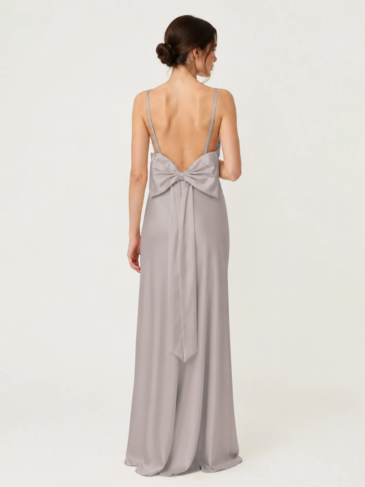 Spaghetti Strap Satin Maxi Dress with Back Bow Detail Silver - Image 2