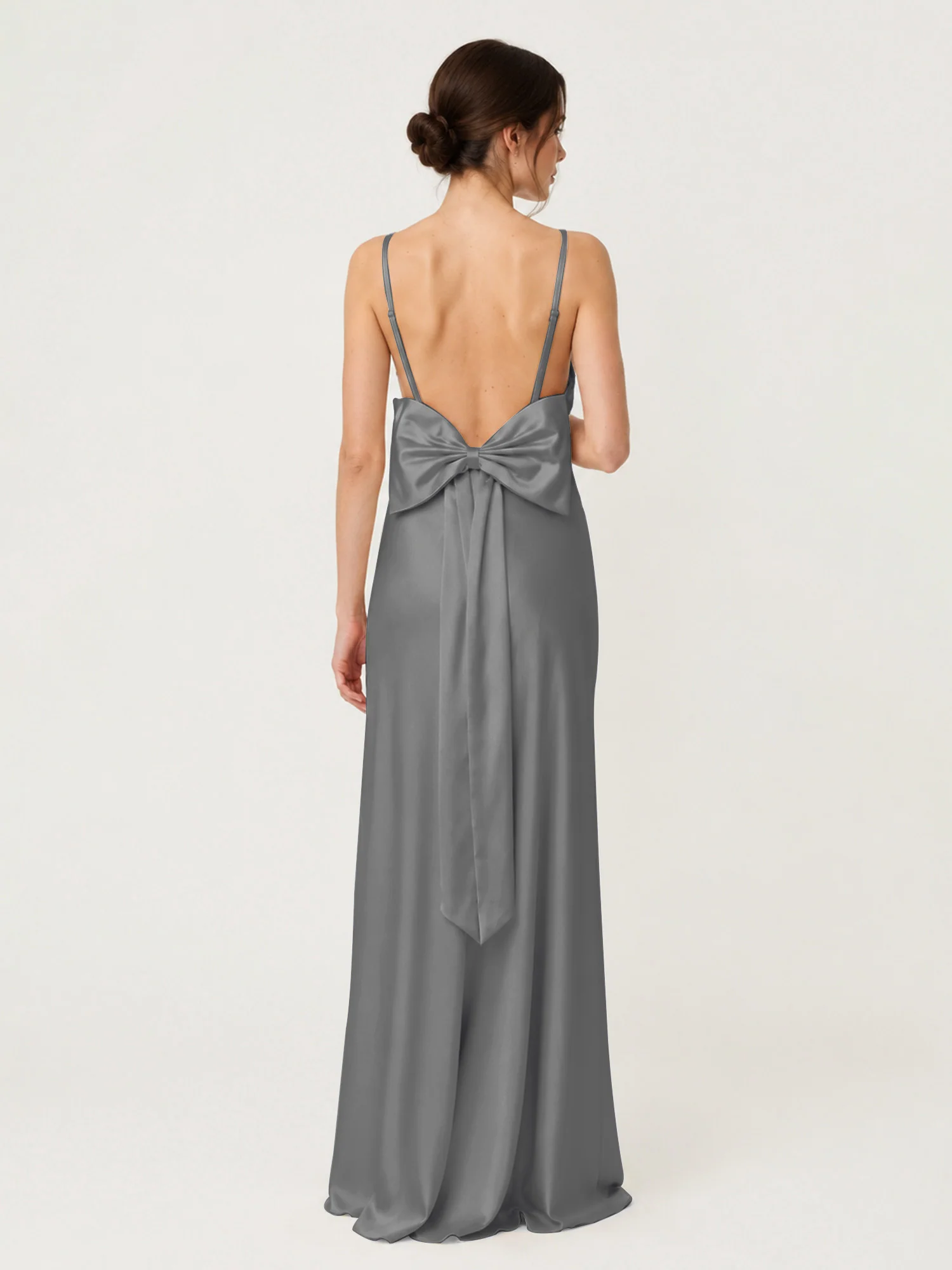 Spaghetti Strap Satin Maxi Dress with Back Bow Detail Steel Grey - Image 2