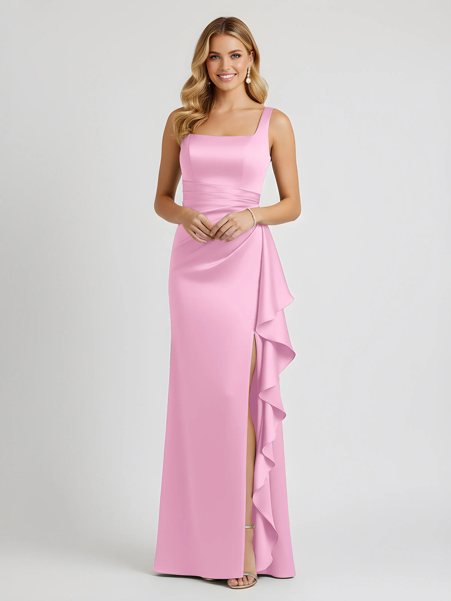 Square Neck Ruffle Slit Satin Column Gown Candy Pink