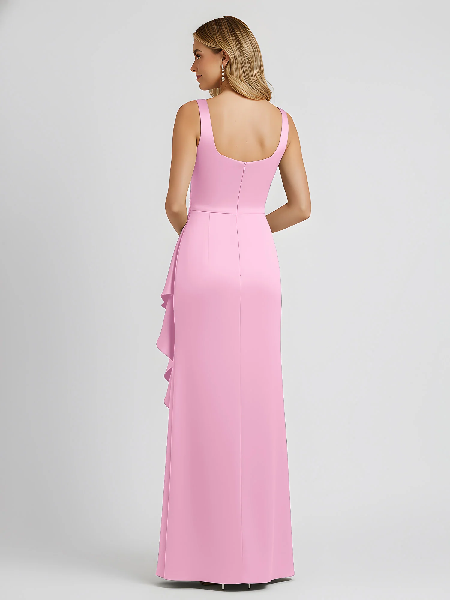 Square Neck Ruffle Slit Satin Column Gown Candy Pink - Image 2