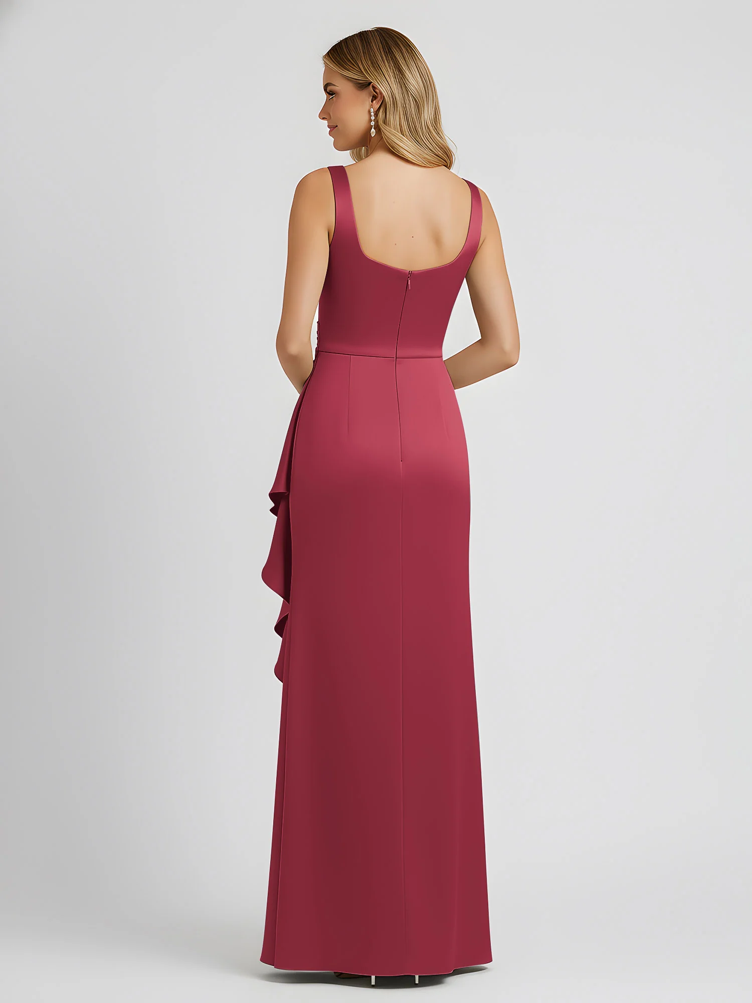 Square Neck Ruffle Slit Satin Column Gown Cinnamon Rose - Image 2