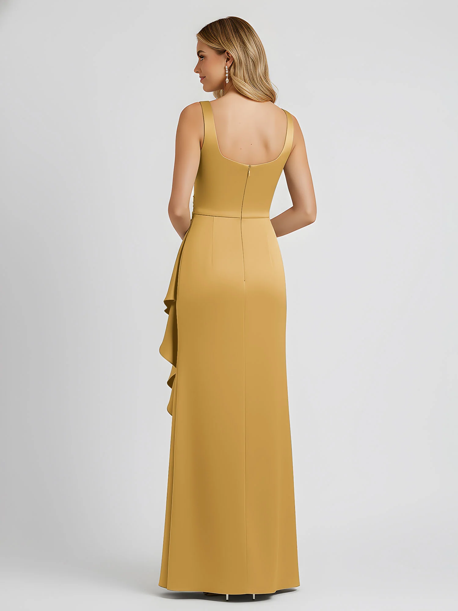 Square Neck Ruffle Slit Satin Column Gown Gold - Image 2