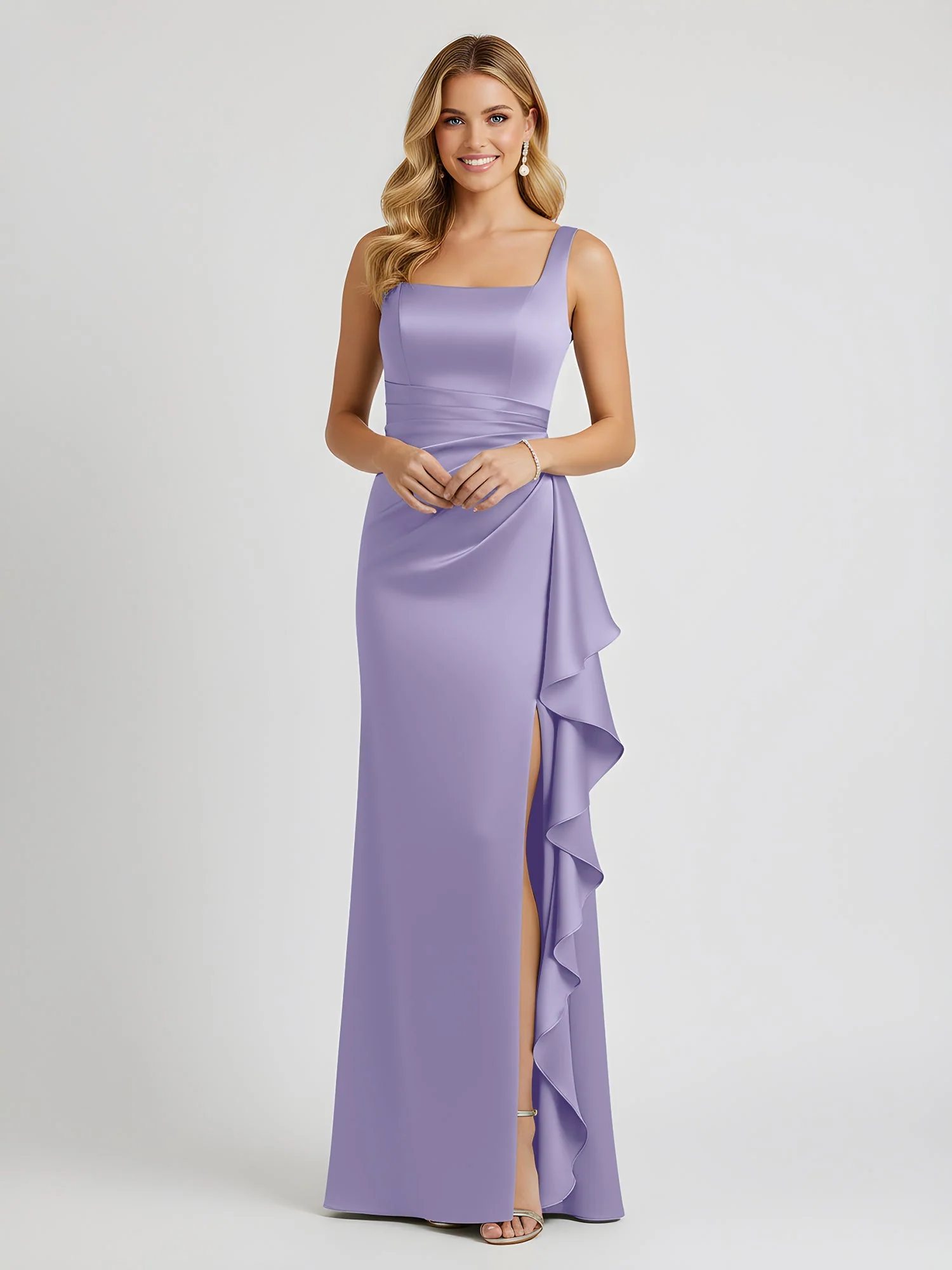 Square Neck Ruffle Slit Satin Column Gown Lavender