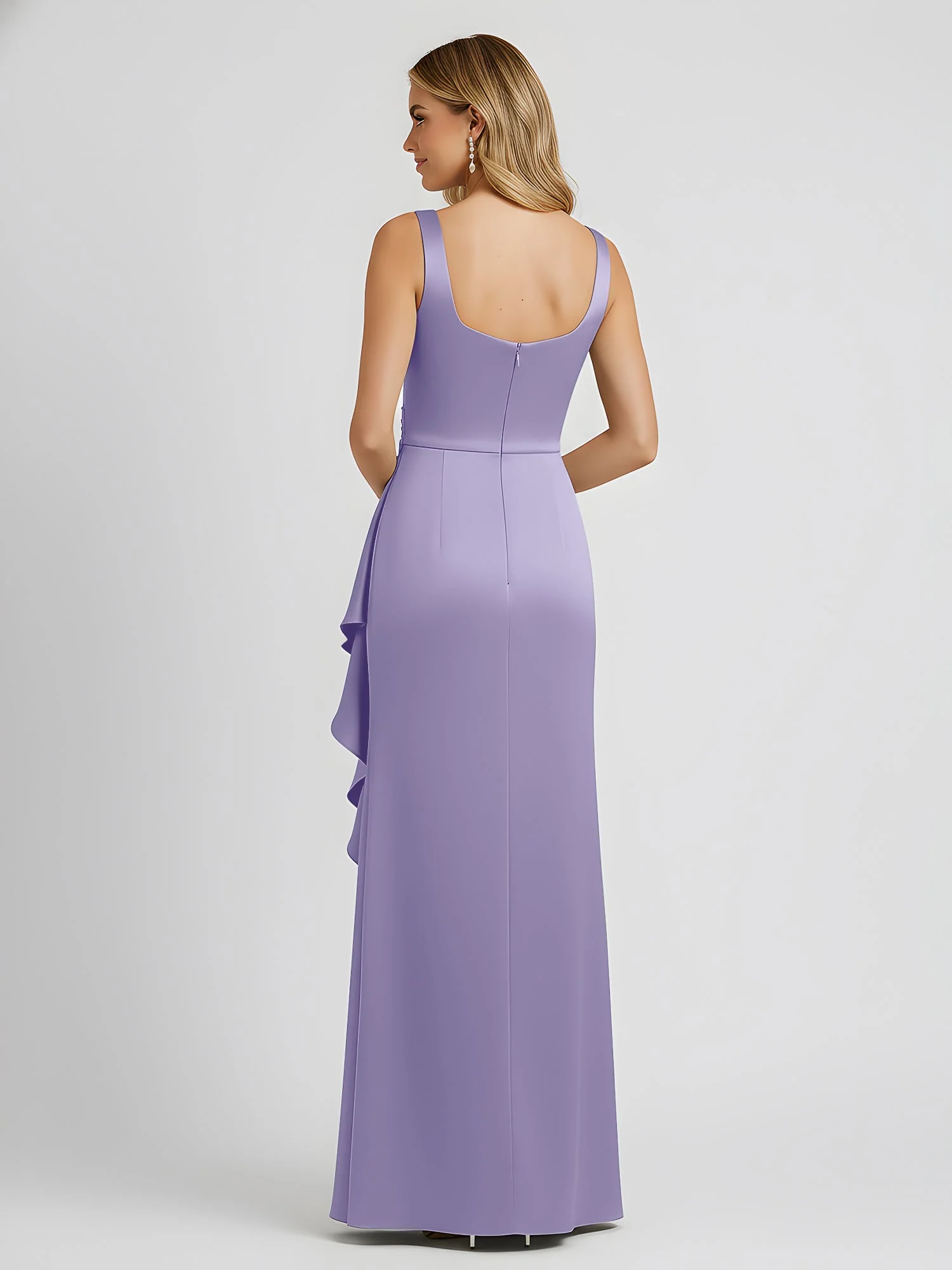 Square Neck Ruffle Slit Satin Column Gown Lavender - Image 2