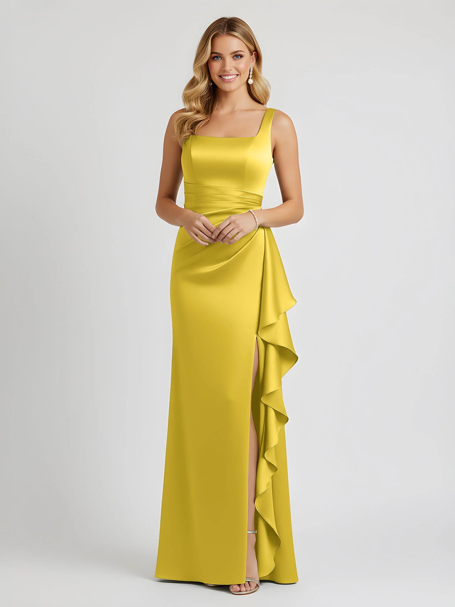 Square Neck Ruffle Slit Satin Column Gown Marigold
