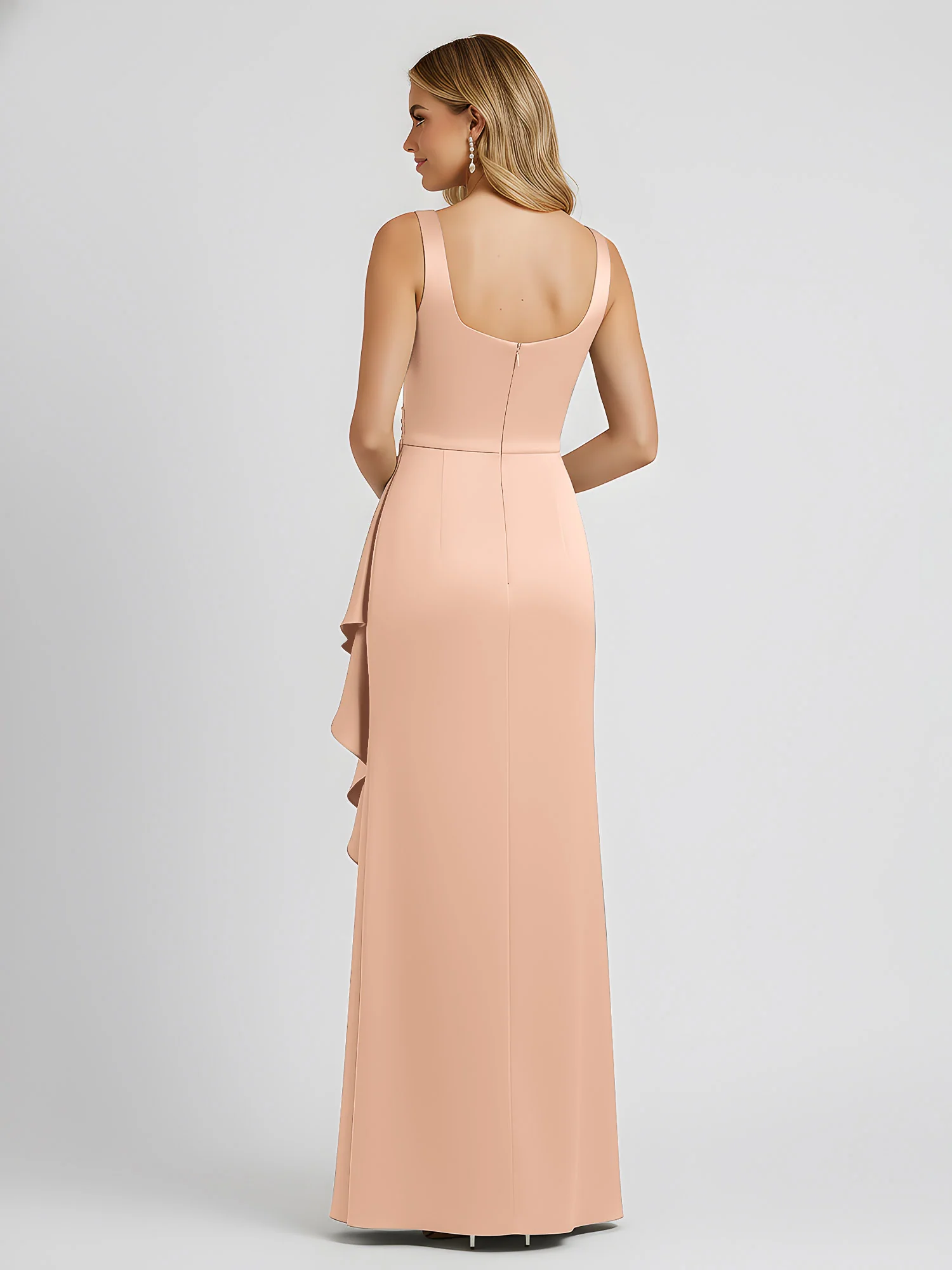 Square Neck Ruffle Slit Satin Column Gown Peach - Image 2