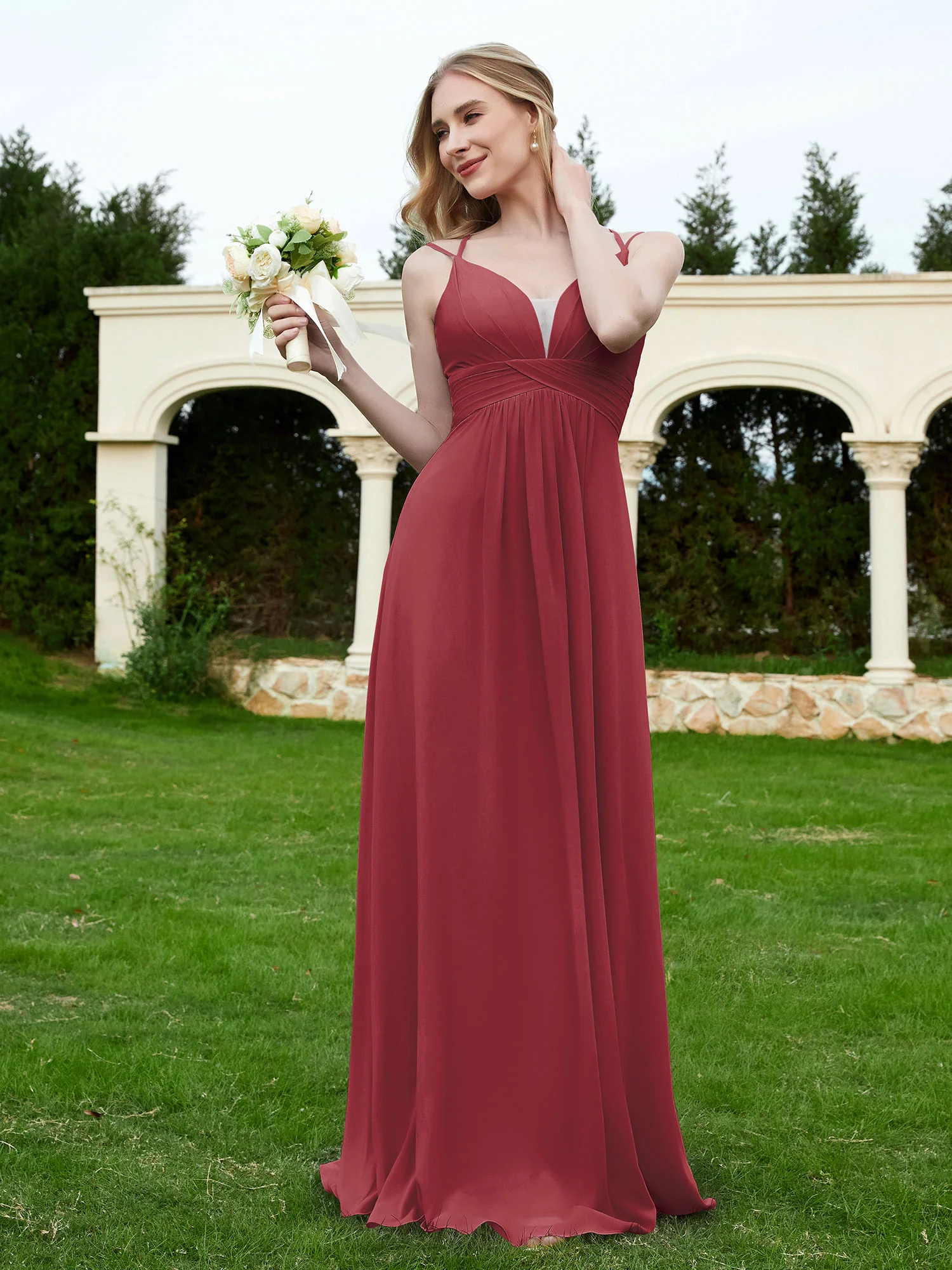 Floor Length V Neck Chiffon Bridesmaid Gown Cinnamon Rose Plus Size - Image 3