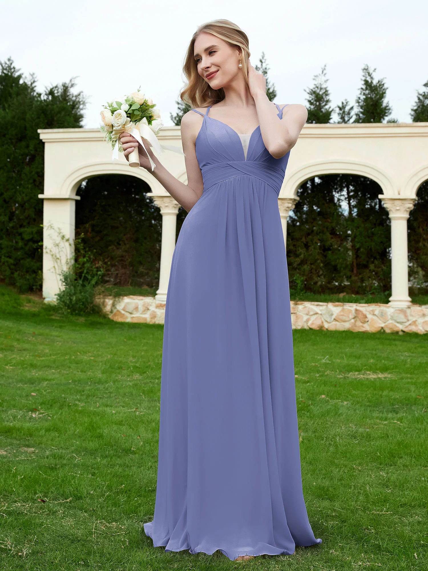 Floor Length V Neck Chiffon Bridesmaid Gown Periwinkle