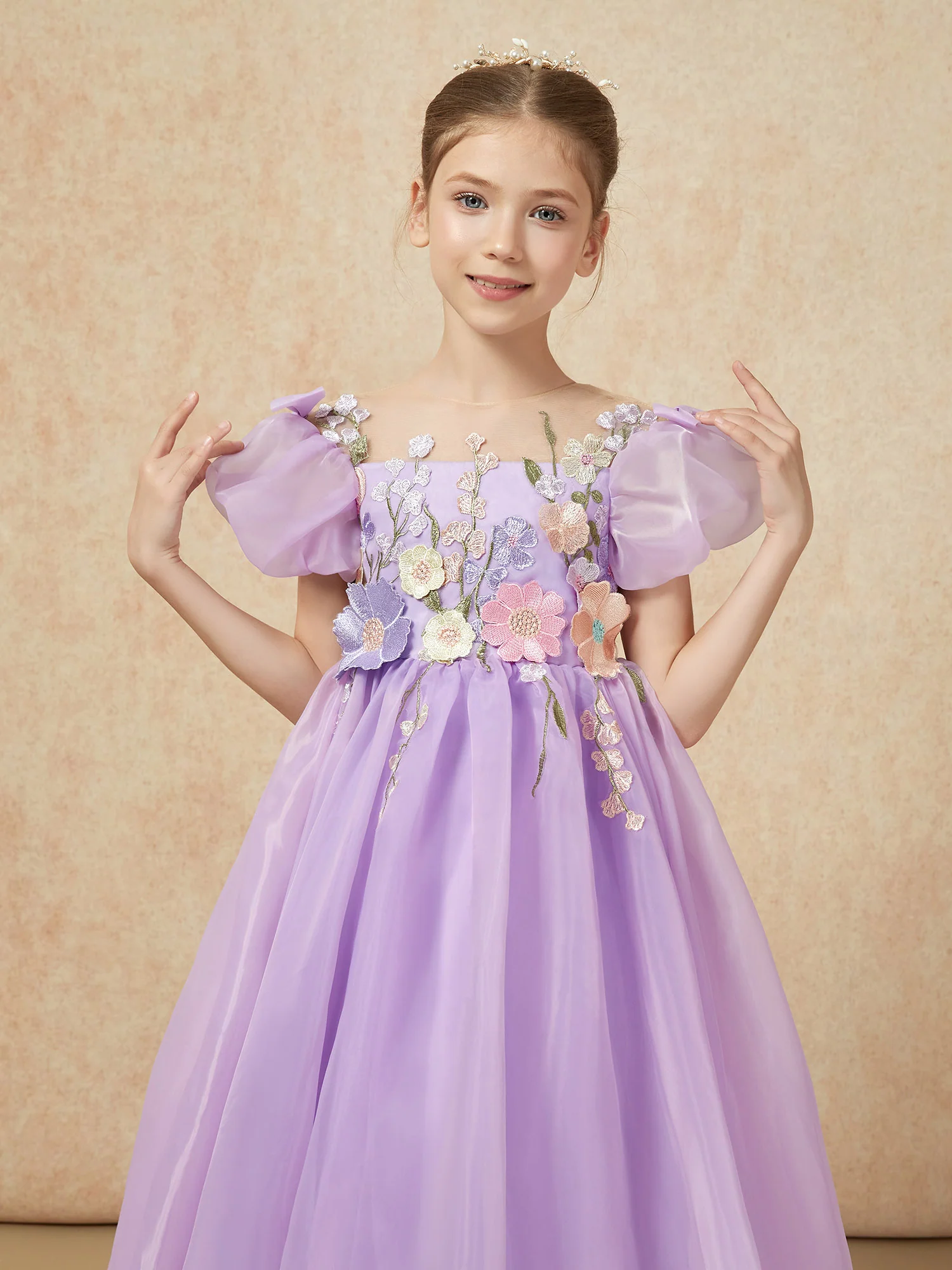 Floral Appliqued Illusion Neck Cap Sleeve Girls Dresses Lilac - Image 6