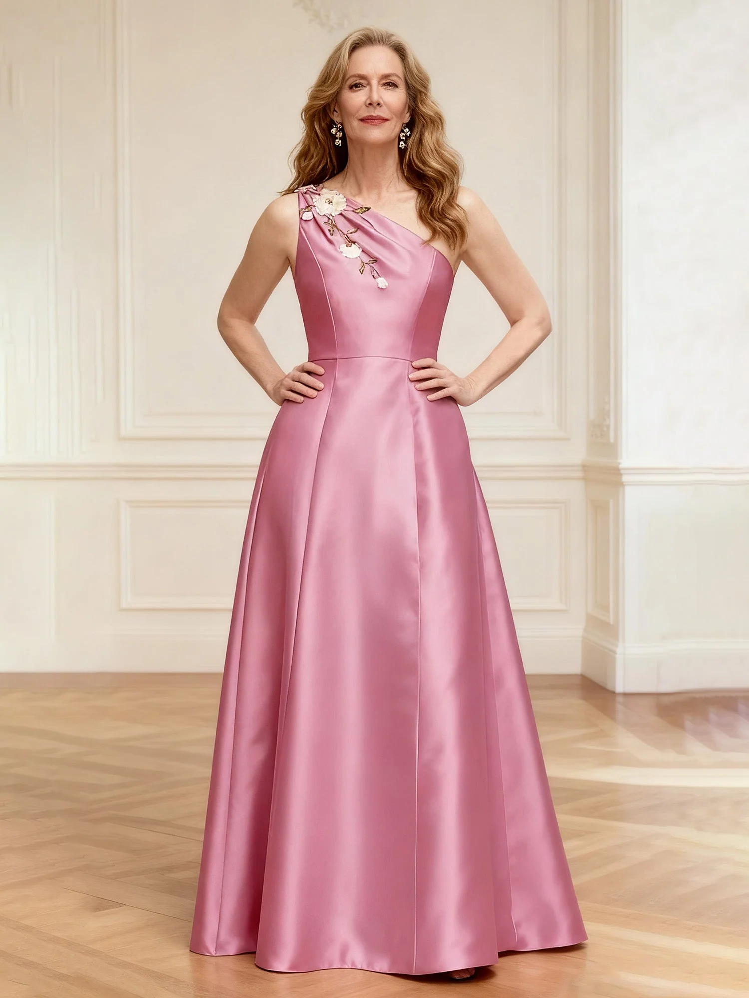 Floral One Shoulder A-Line Satin Long Dress Peach
