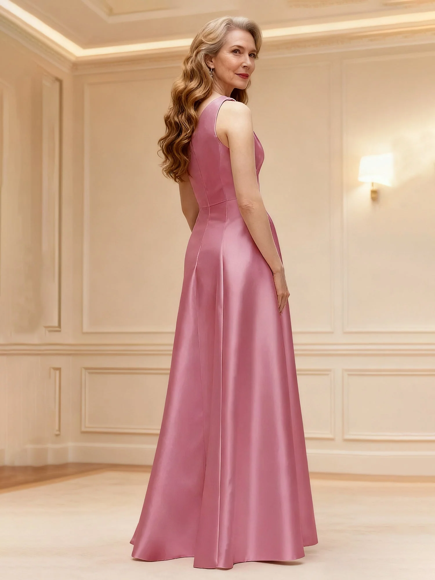 Floral One Shoulder A-Line Satin Long Dress Silver - Image 2