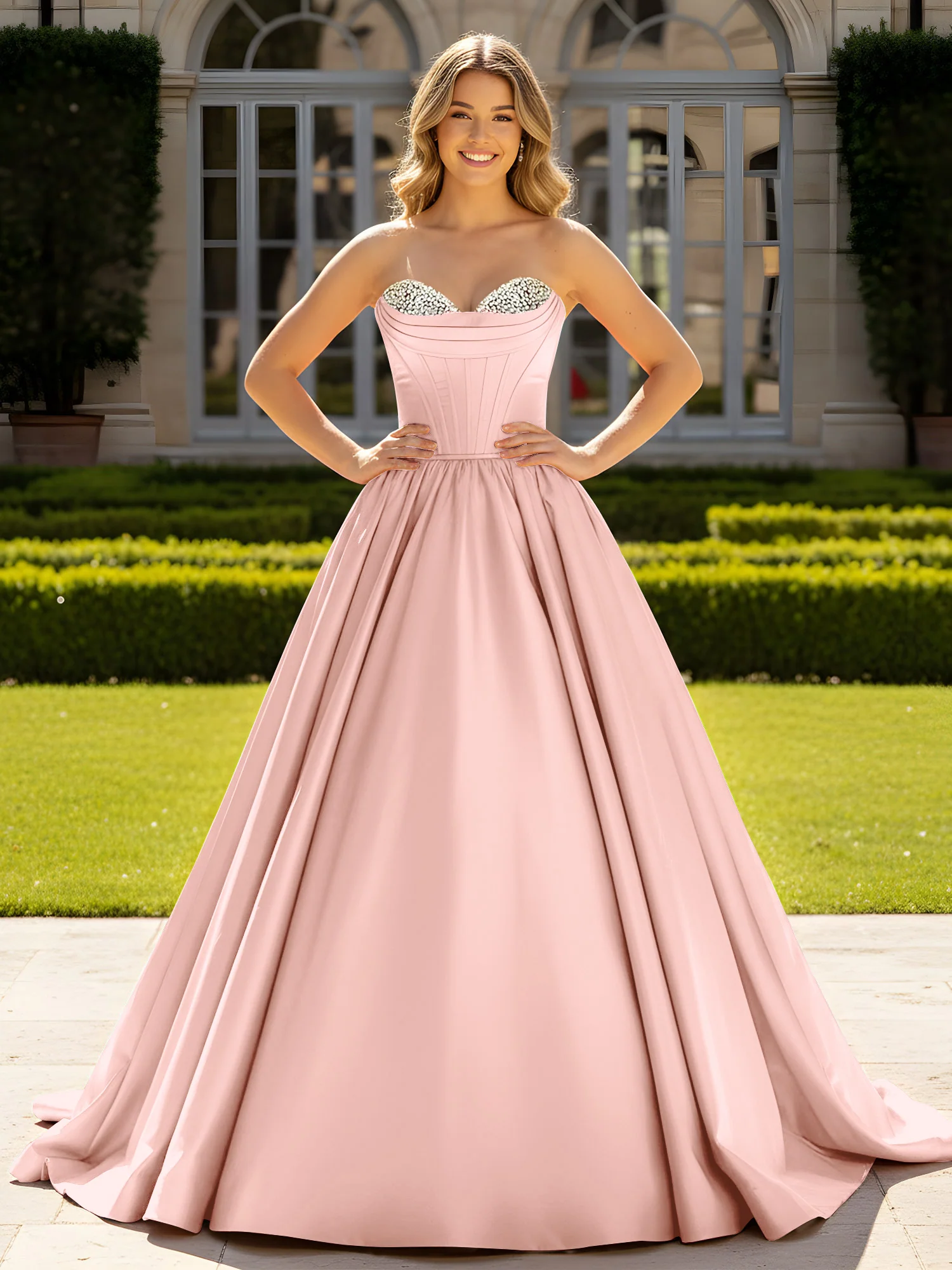 Strapless Satin Ball Gown with Crystal Bustier Detail Dusty Rose