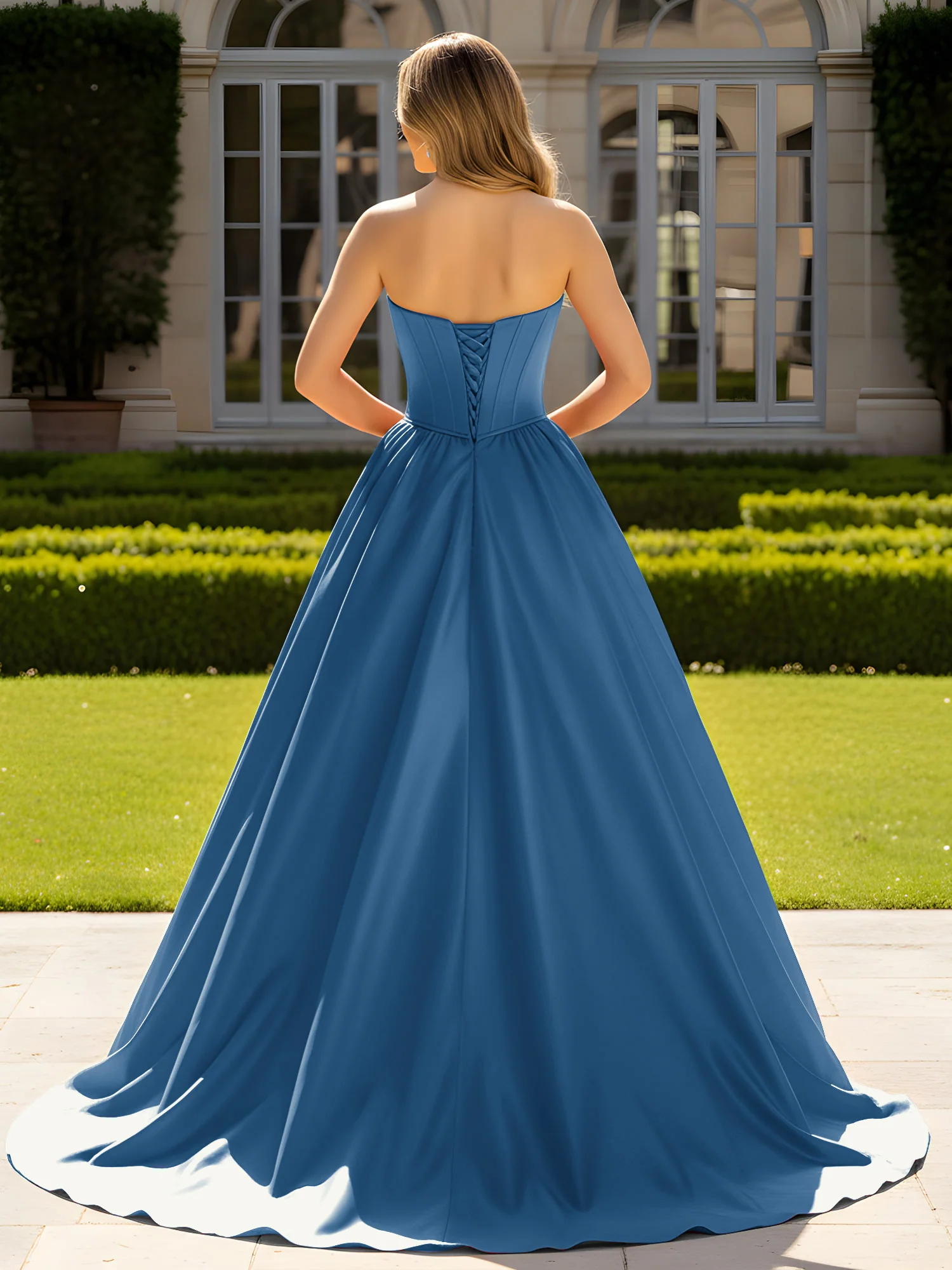 Strapless Satin Ball Gown with Crystal Bustier Detail Ink Blue - Image 2