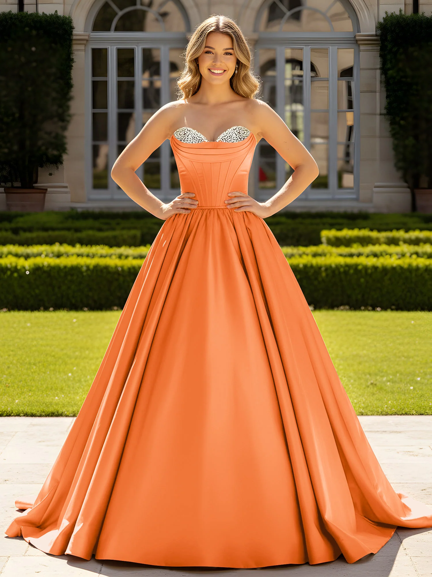 Strapless Satin Ball Gown with Crystal Bustier Detail Orange