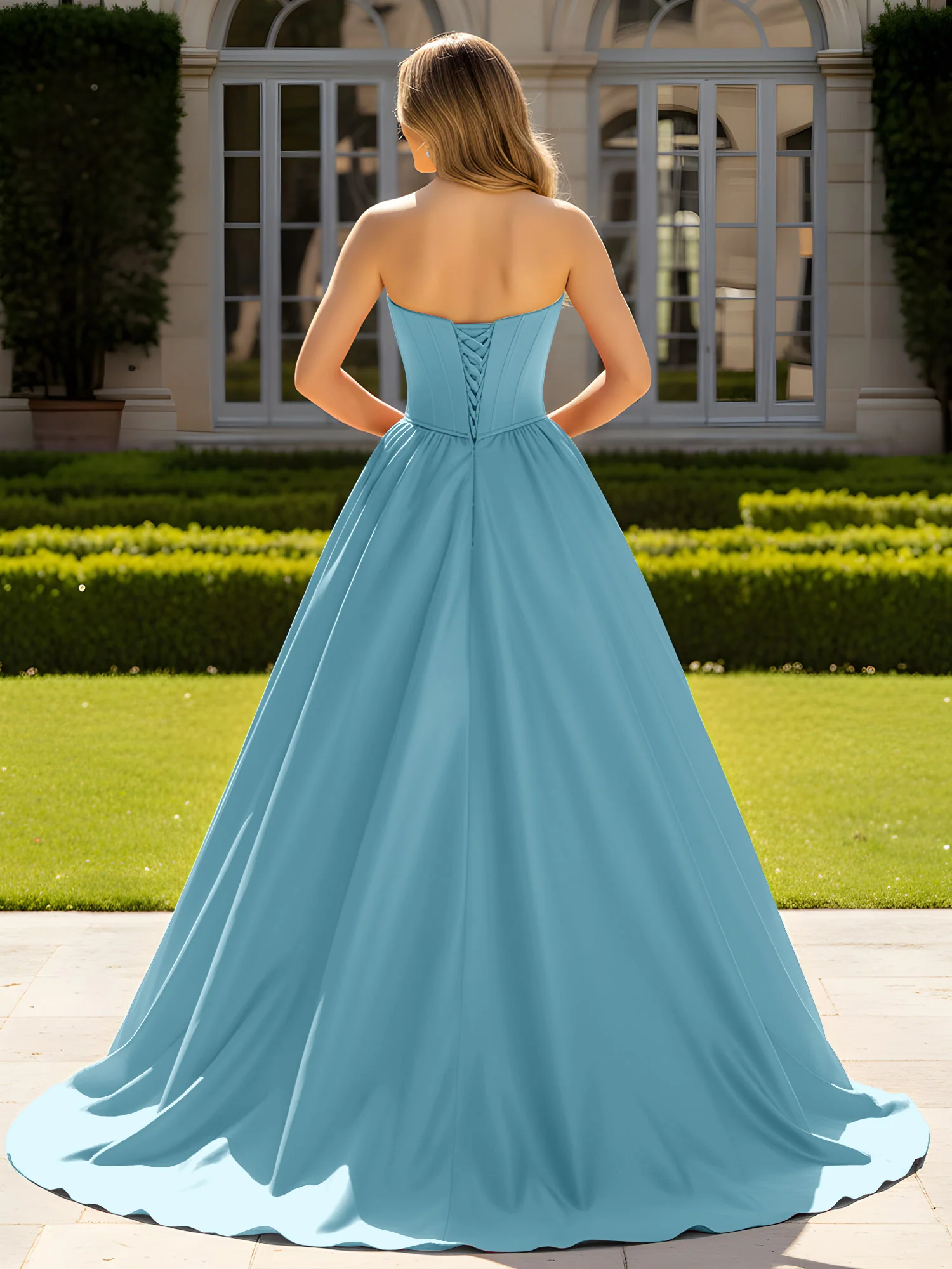 Strapless Satin Ball Gown with Crystal Bustier Detail Pool - Image 2