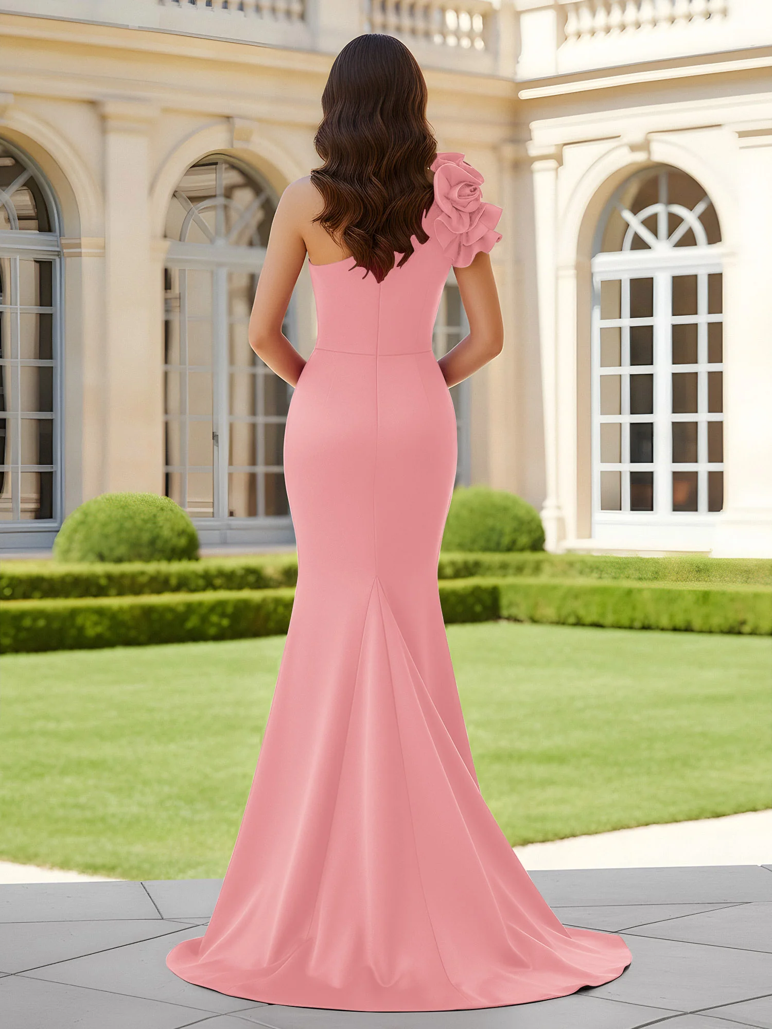 Flower One Shoulder Pleated Mermaid Dress With Slit Flamingo - Image 2