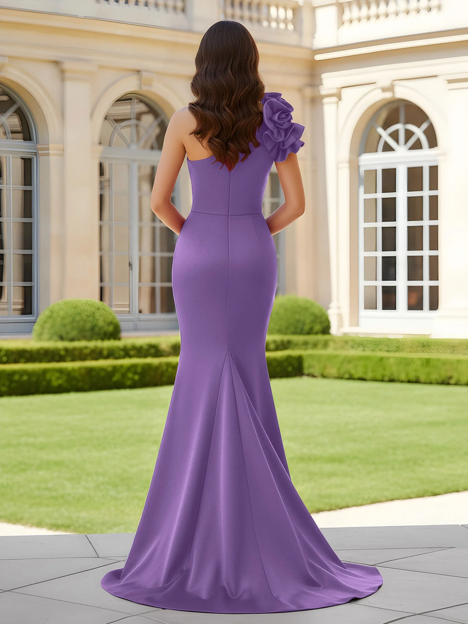 Flower One Shoulder Pleated Mermaid Dress With Slit Tahiti - Image 2