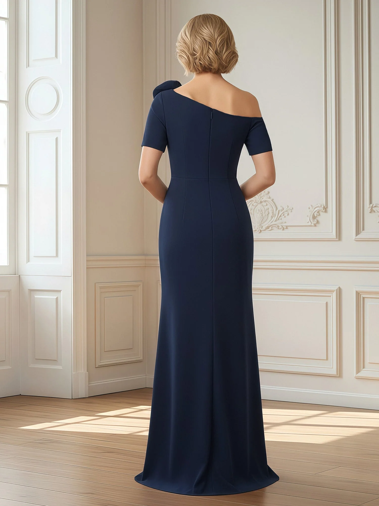 Flower One Shoulder Short Sleeves Bodycon Slit Dress Peacock - Image 2